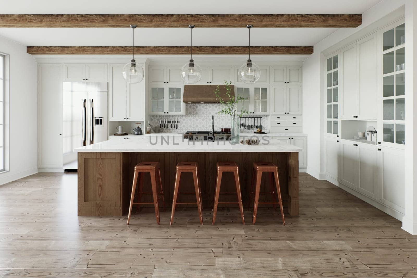 Traditional large L-shaped kitchen with large island and kitchen appliances. by N_Design