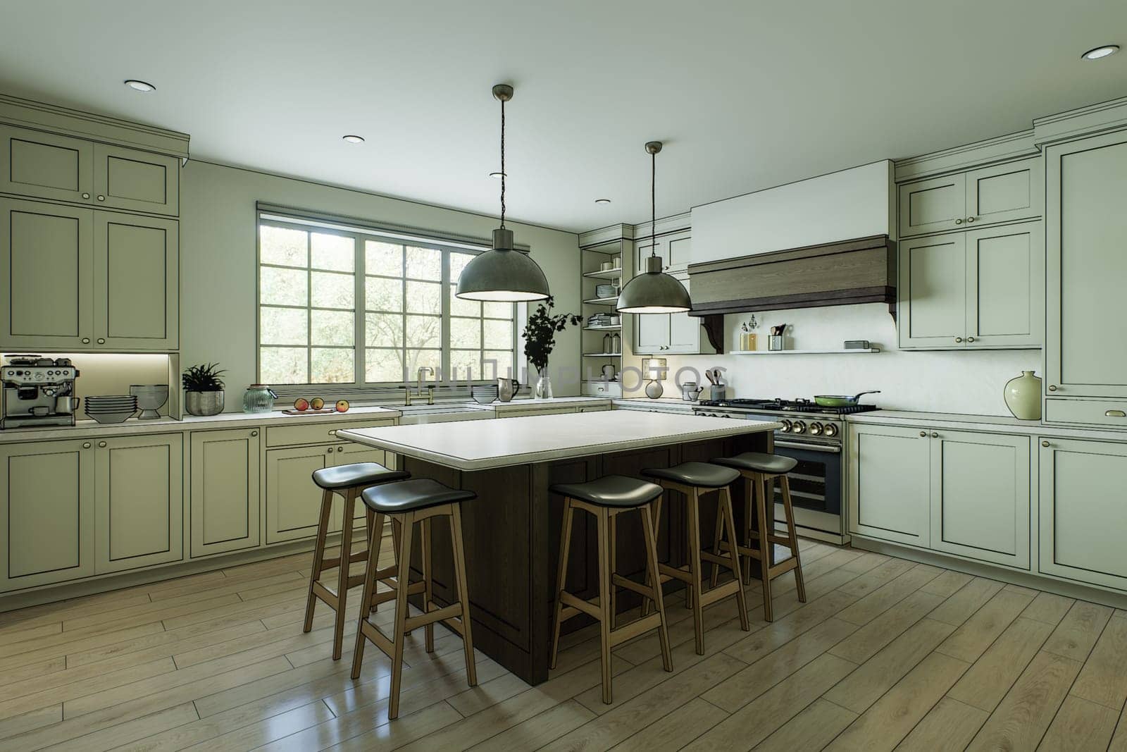 Sketch of a kitchen with black stripes overlaid on the image. Kitchen in hand-drawn style. 3d rendering