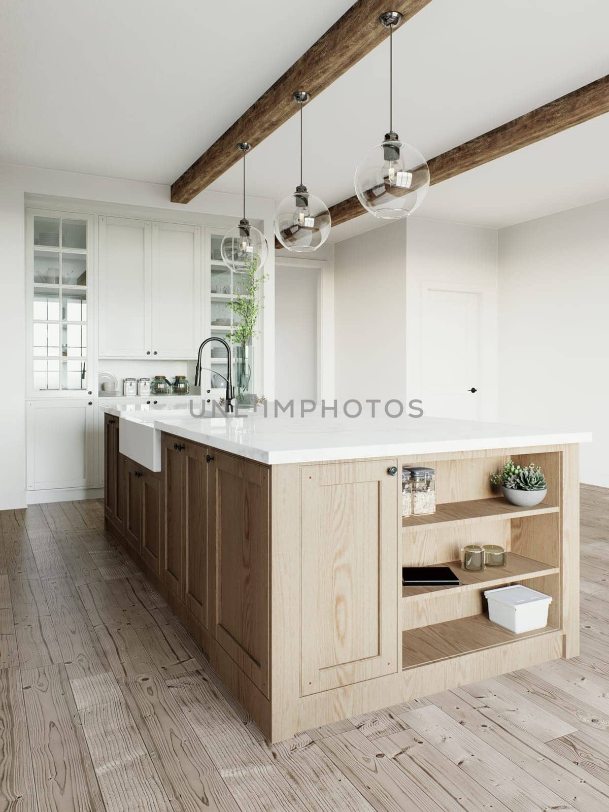 Traditional large L-shaped kitchen with large island and kitchen appliances. by N_Design