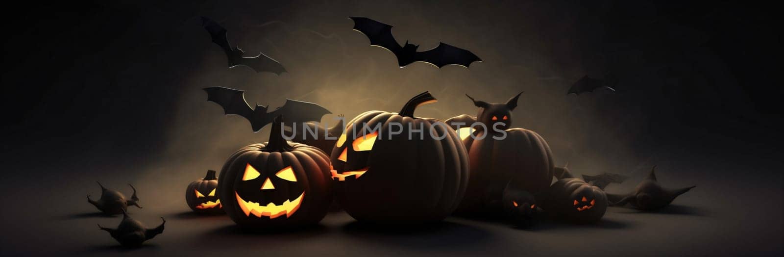 fear bat blue silhouette halloween pumpkin table horror mystery night background. Generative AI. by Vichizh
