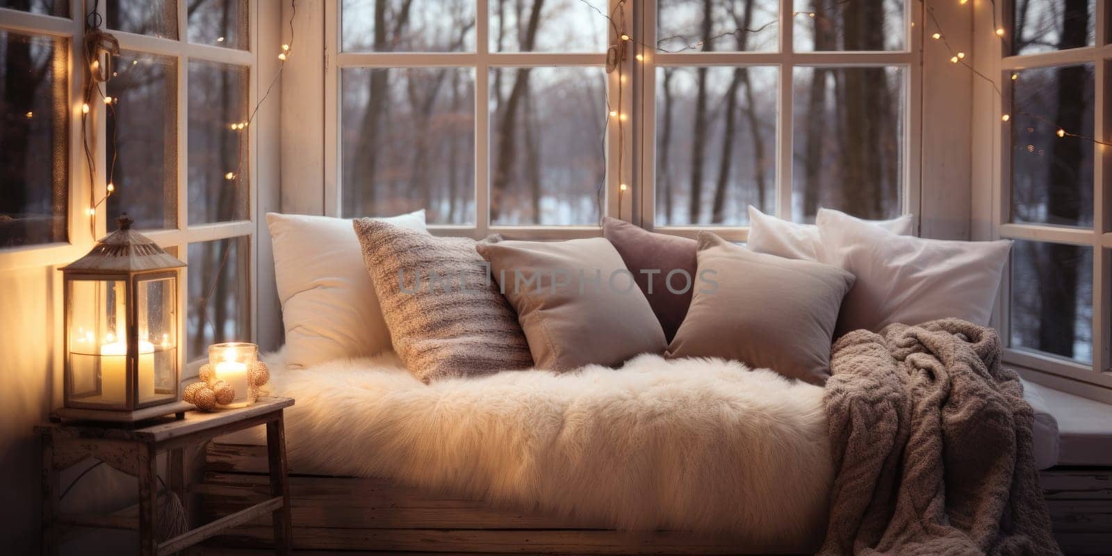 Winter season. Cozy sofa and Window with winter frost. Generative AI.