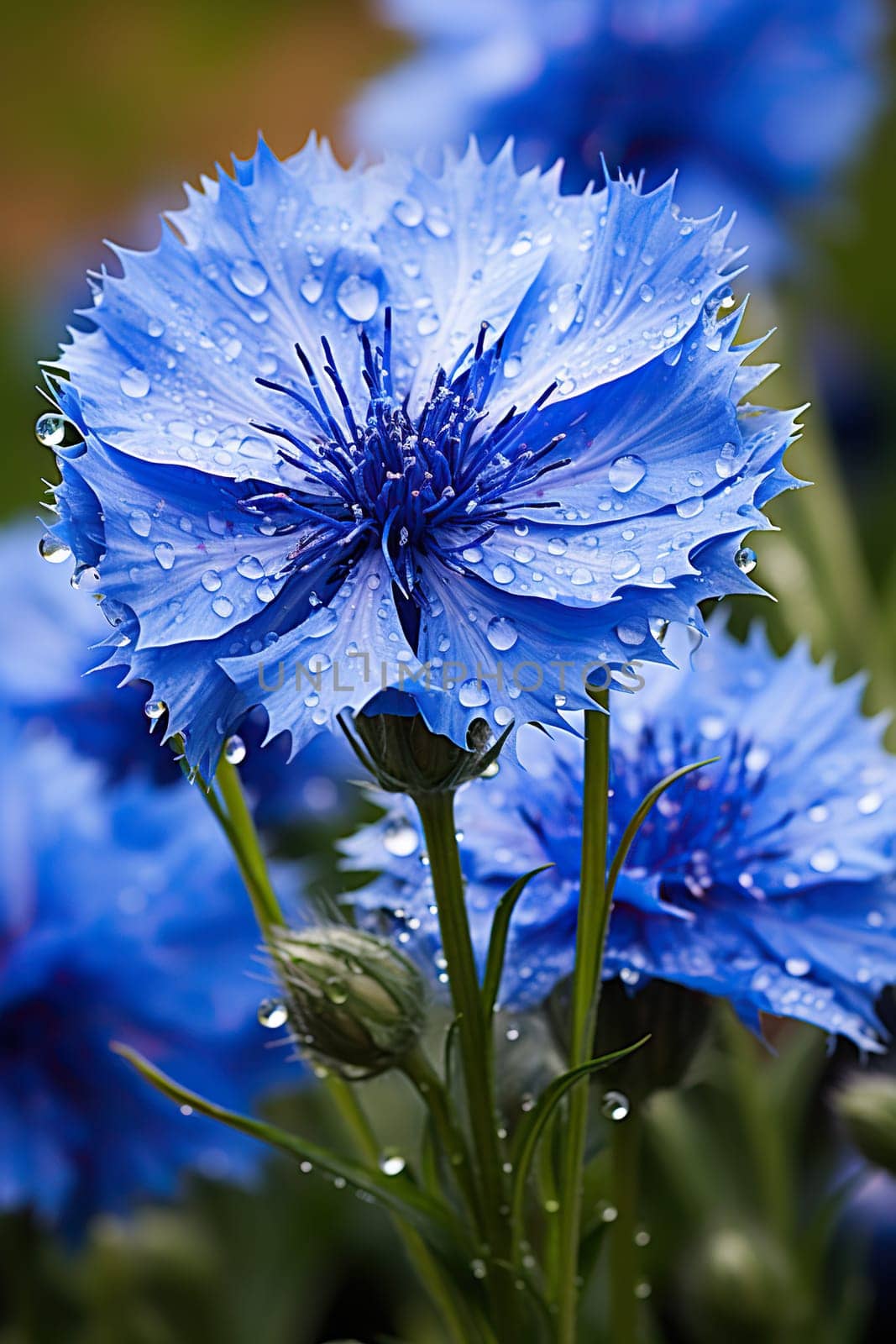 Cornflower with raindrops close-up. Blue flower on a green field.