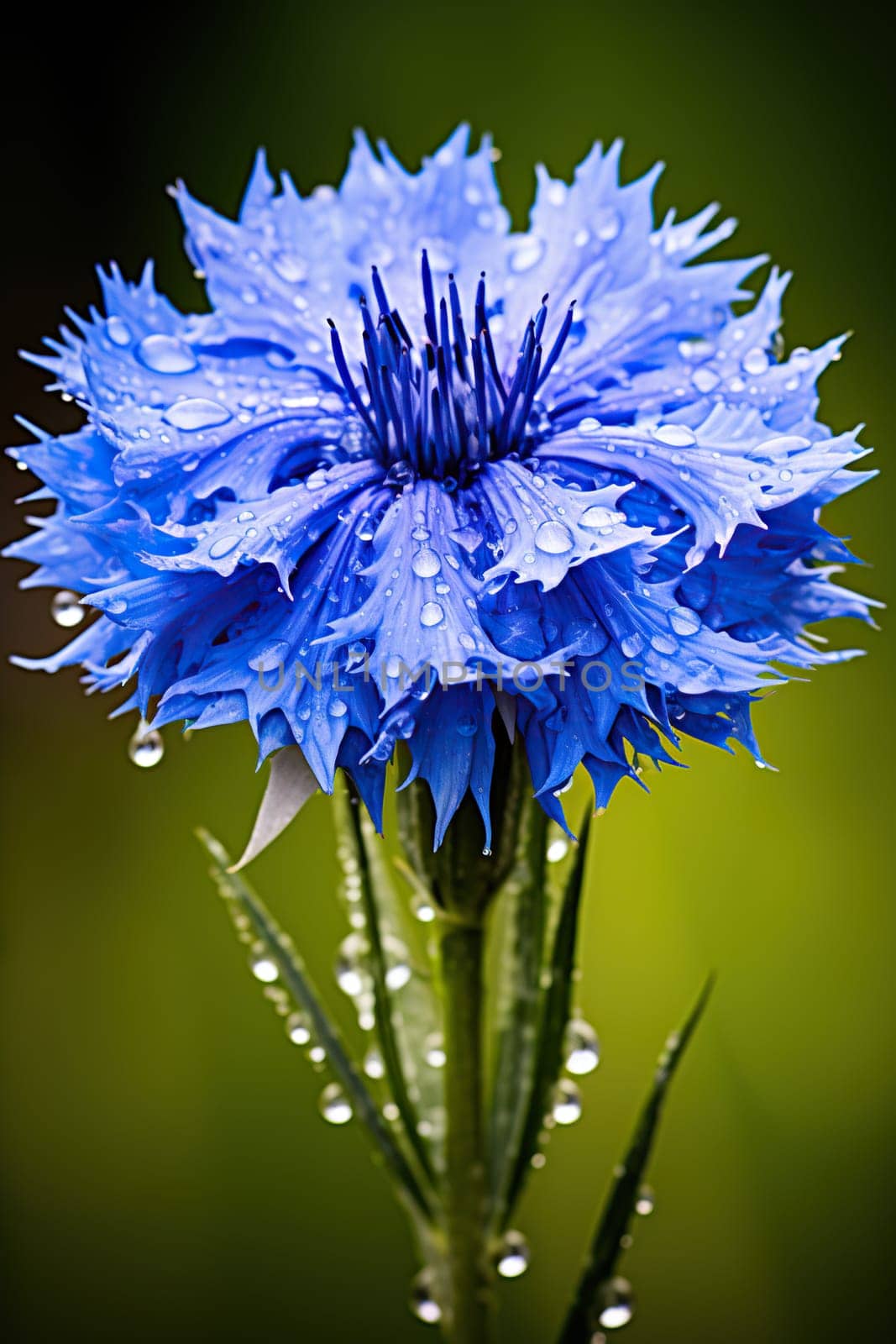 Cornflower with raindrops close-up. Blue flower on a green field.
