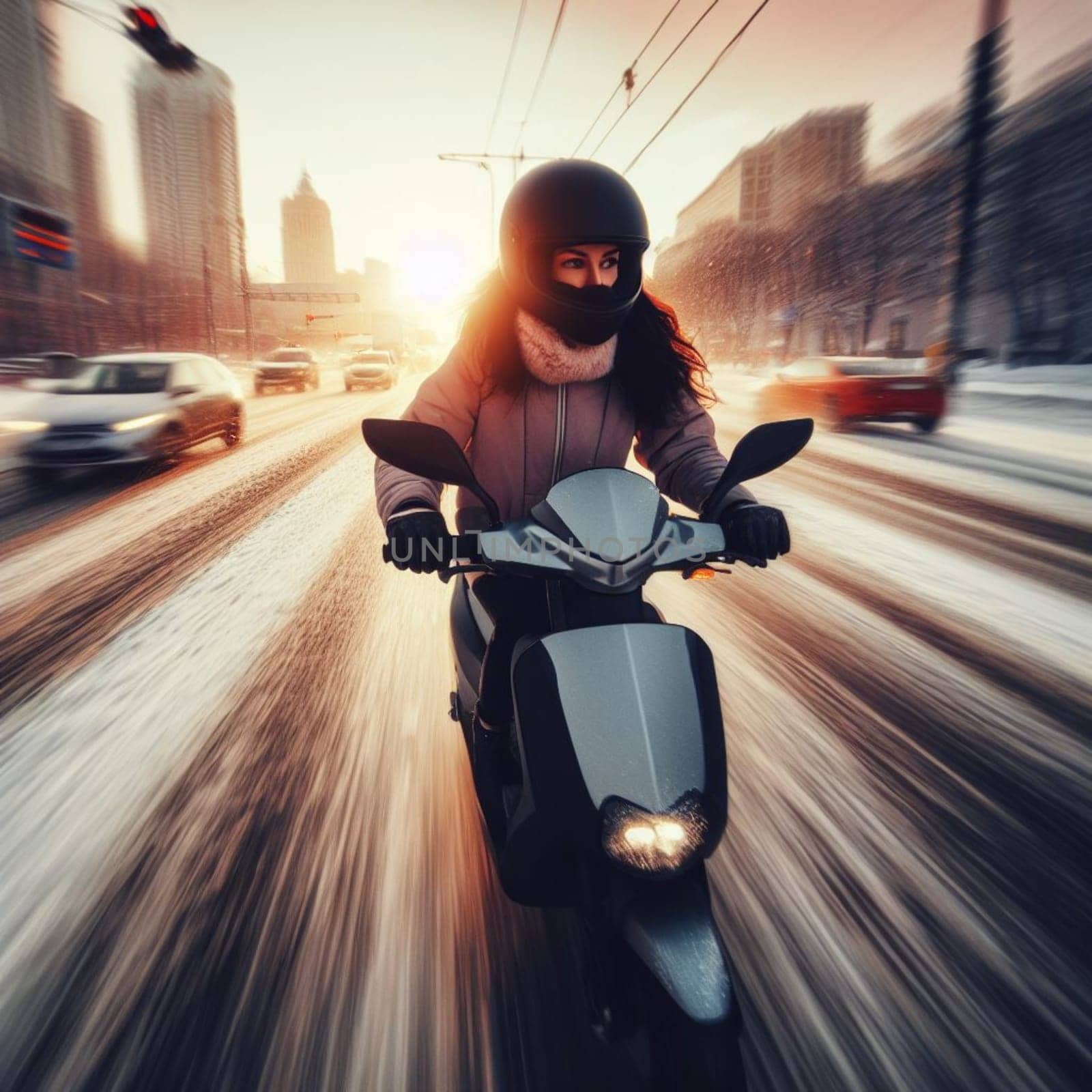 young woman drive moped scooter in snow storm in winter time in a city trafficked road by verbano