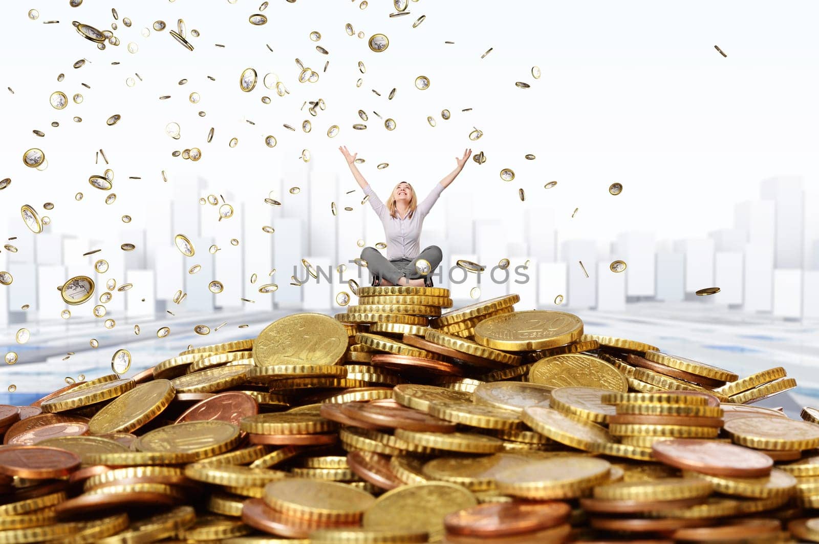 smiling woman and euro coin rain