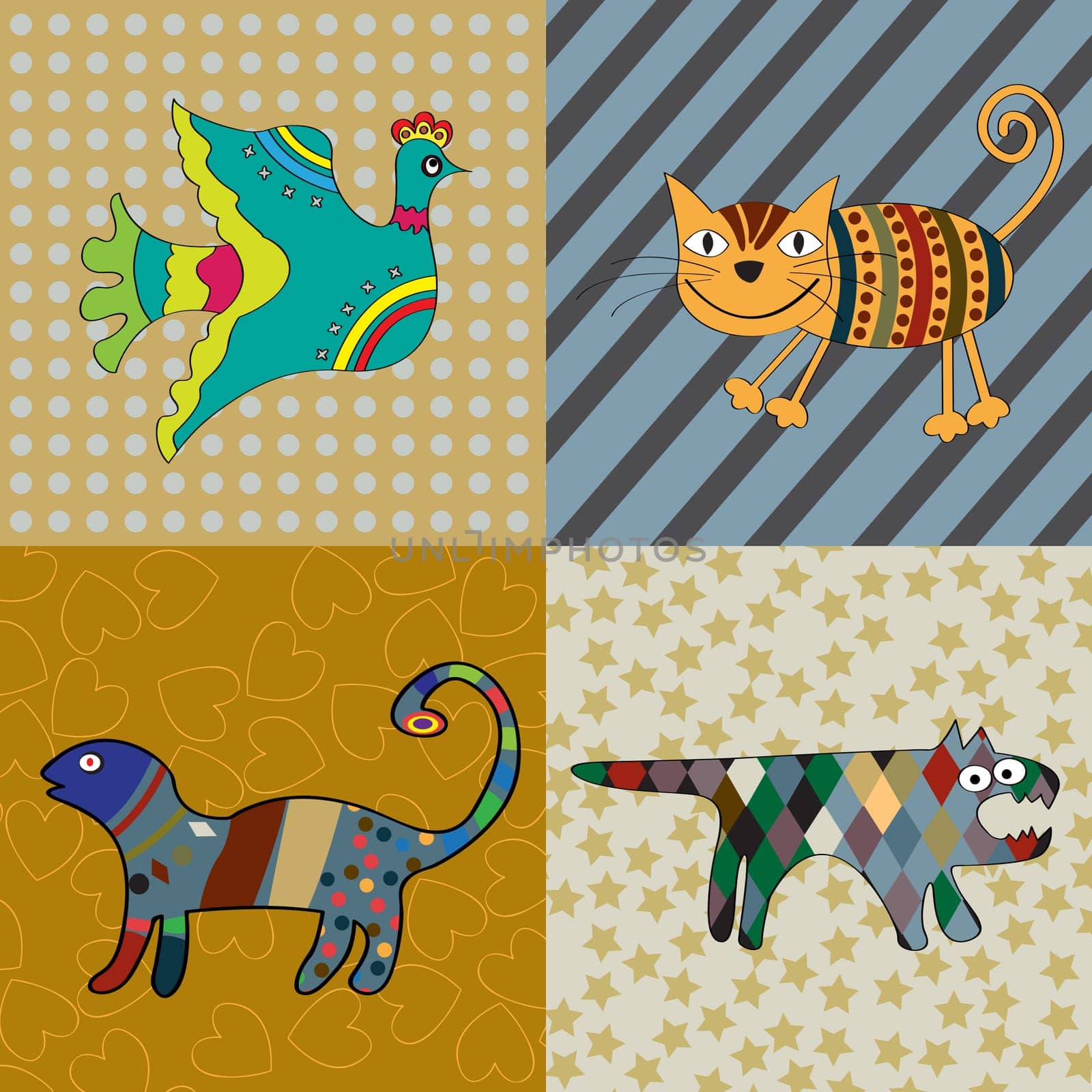 Cute animals naive art illustration