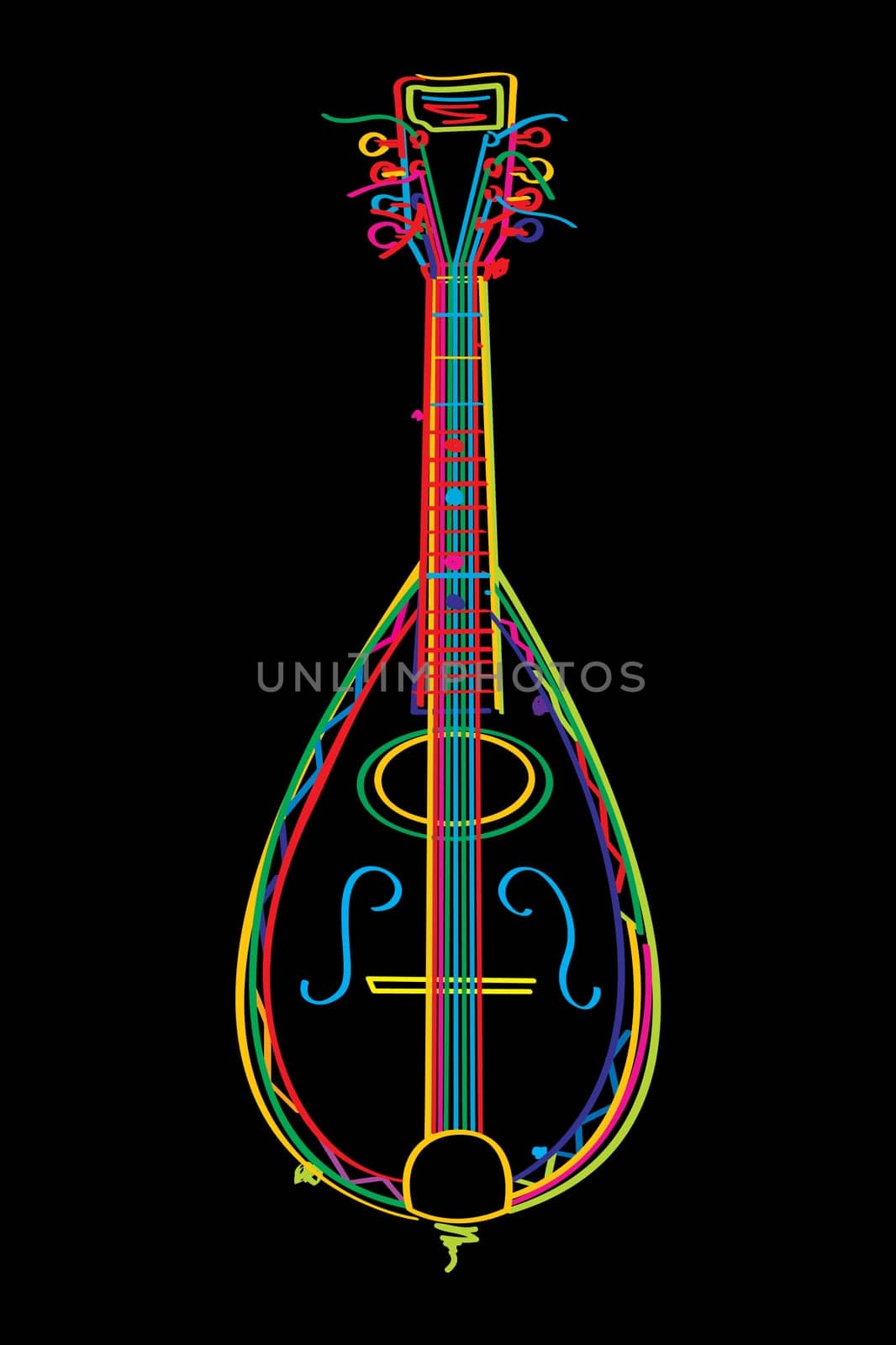 Stylized mandolin in colors over black background