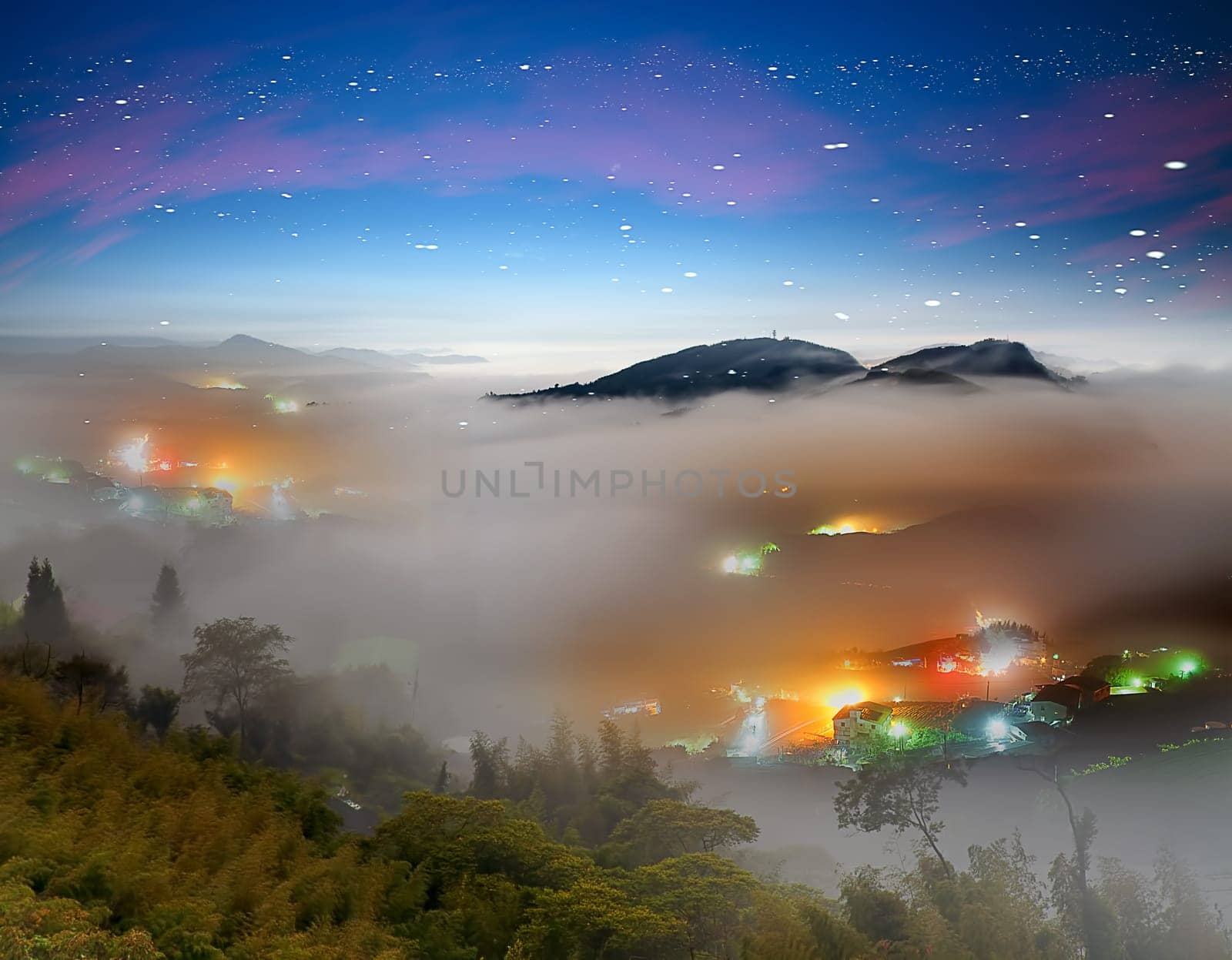 Amazing sunrise and mountain of cloud with mountains and tree