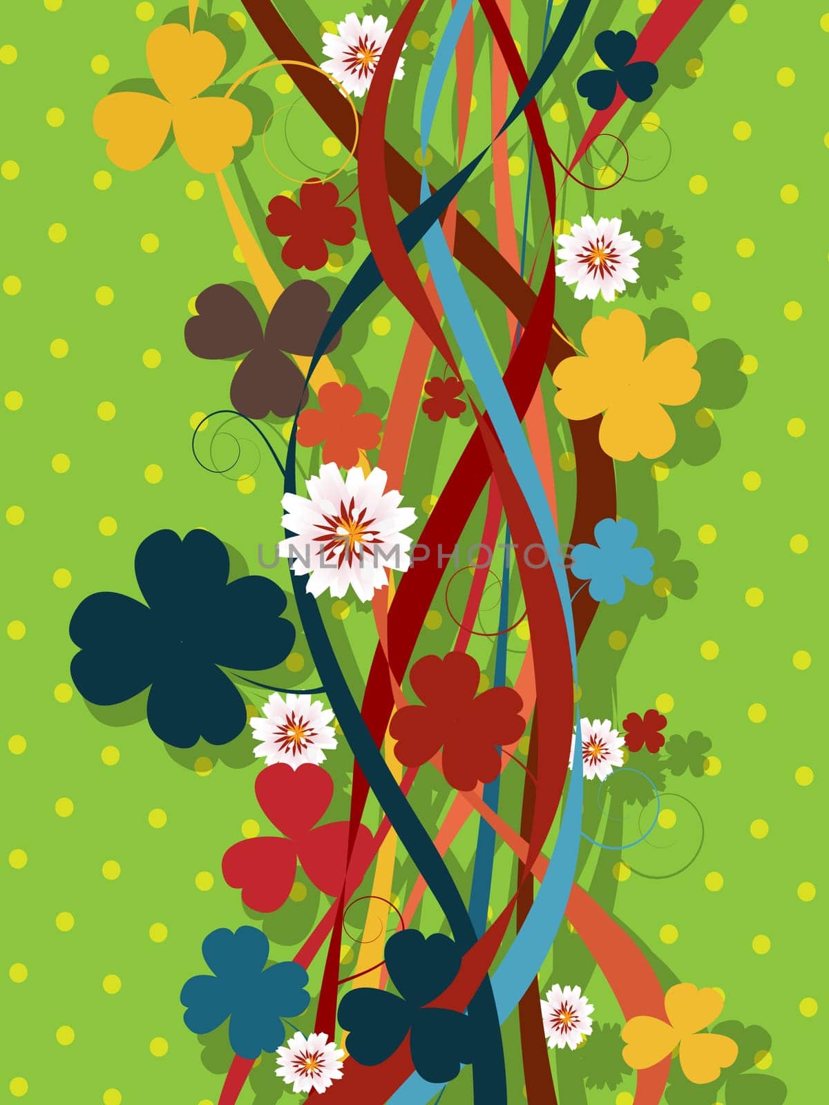 Decorative floral pattern with clover leaves and flowers in colors