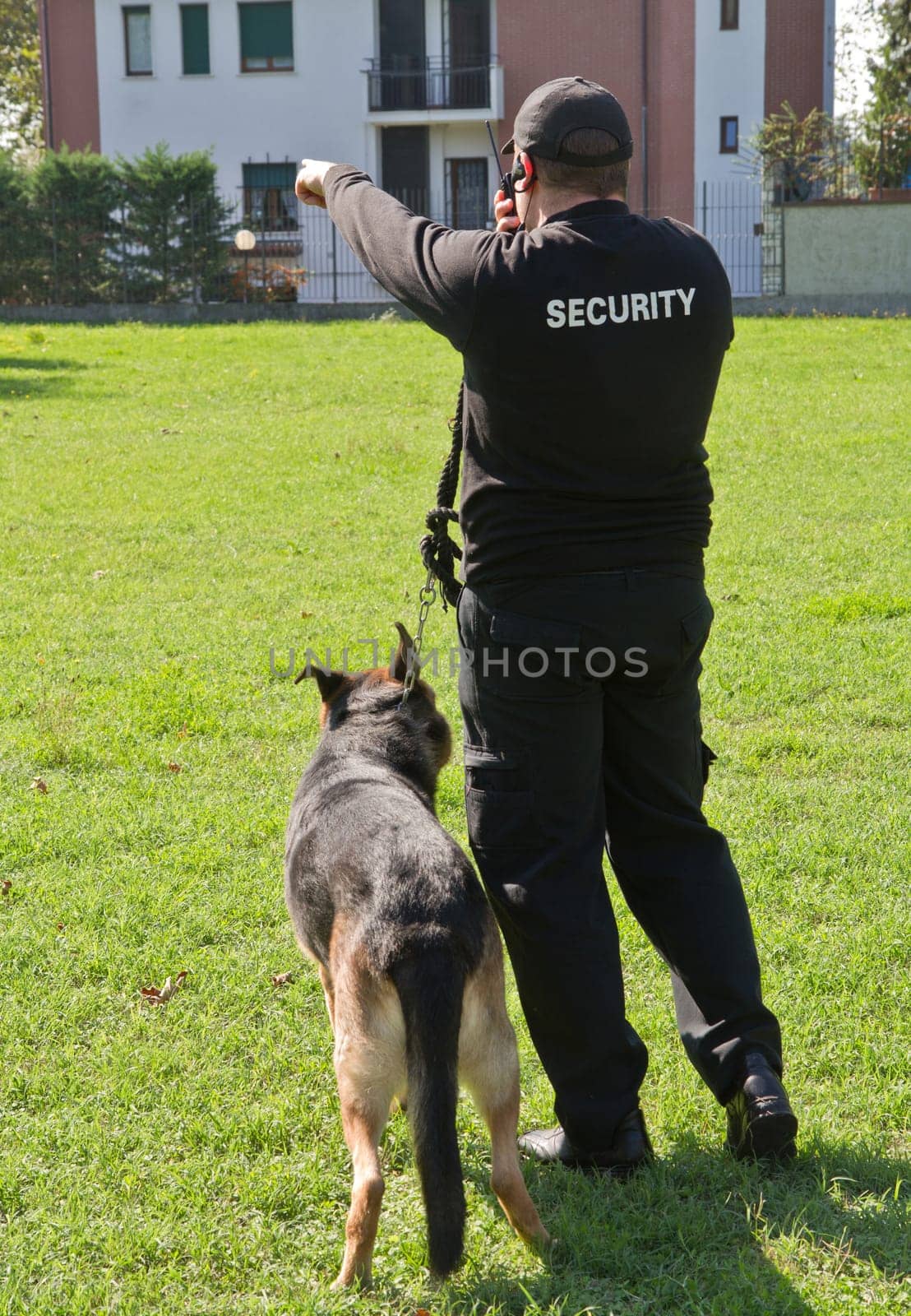 back of a security guard with a dog