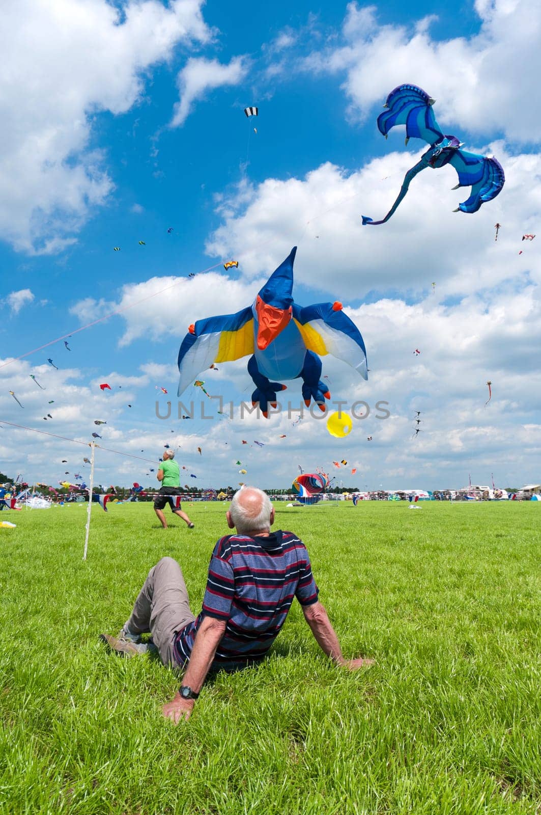 Senior man watching the colorful kites at the 3rd international kite festival in Twenterand, Netherlands with a lot of participants from Germany and Belgium.