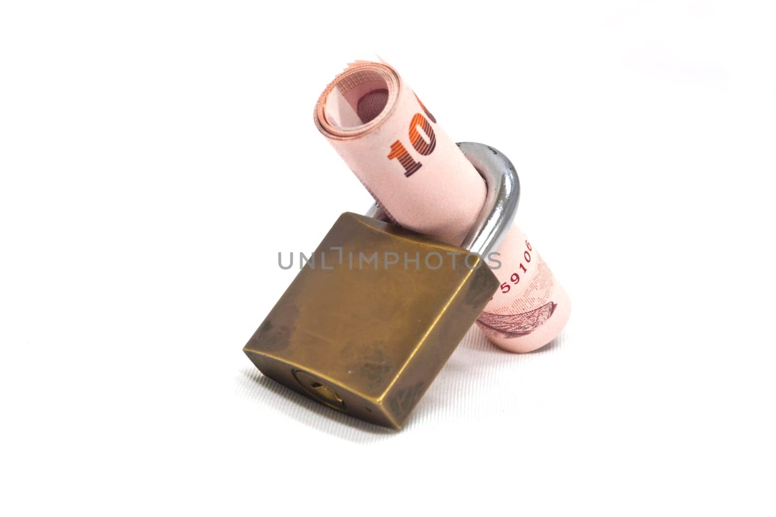 Lock Currency, Iron lock bank 100 bath on white background.