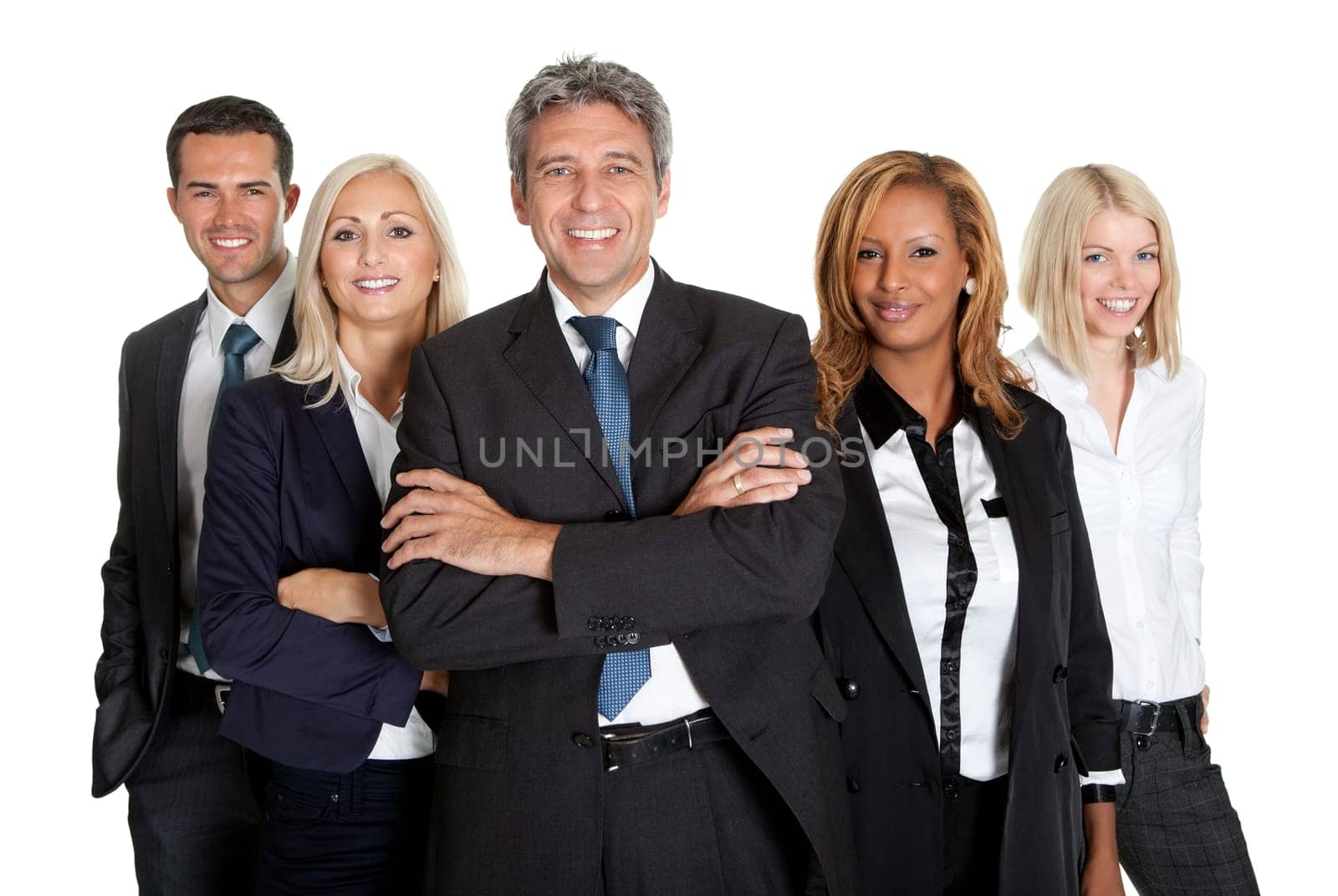 Group of confident multi racial business people standing against white background