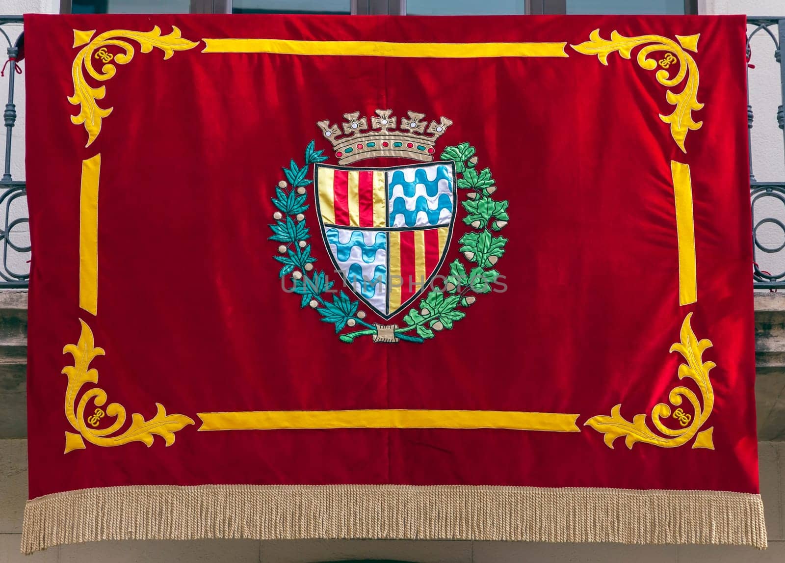 Flag gala Badalona, Barcelona Spain. In the town hall balcony day of National Day