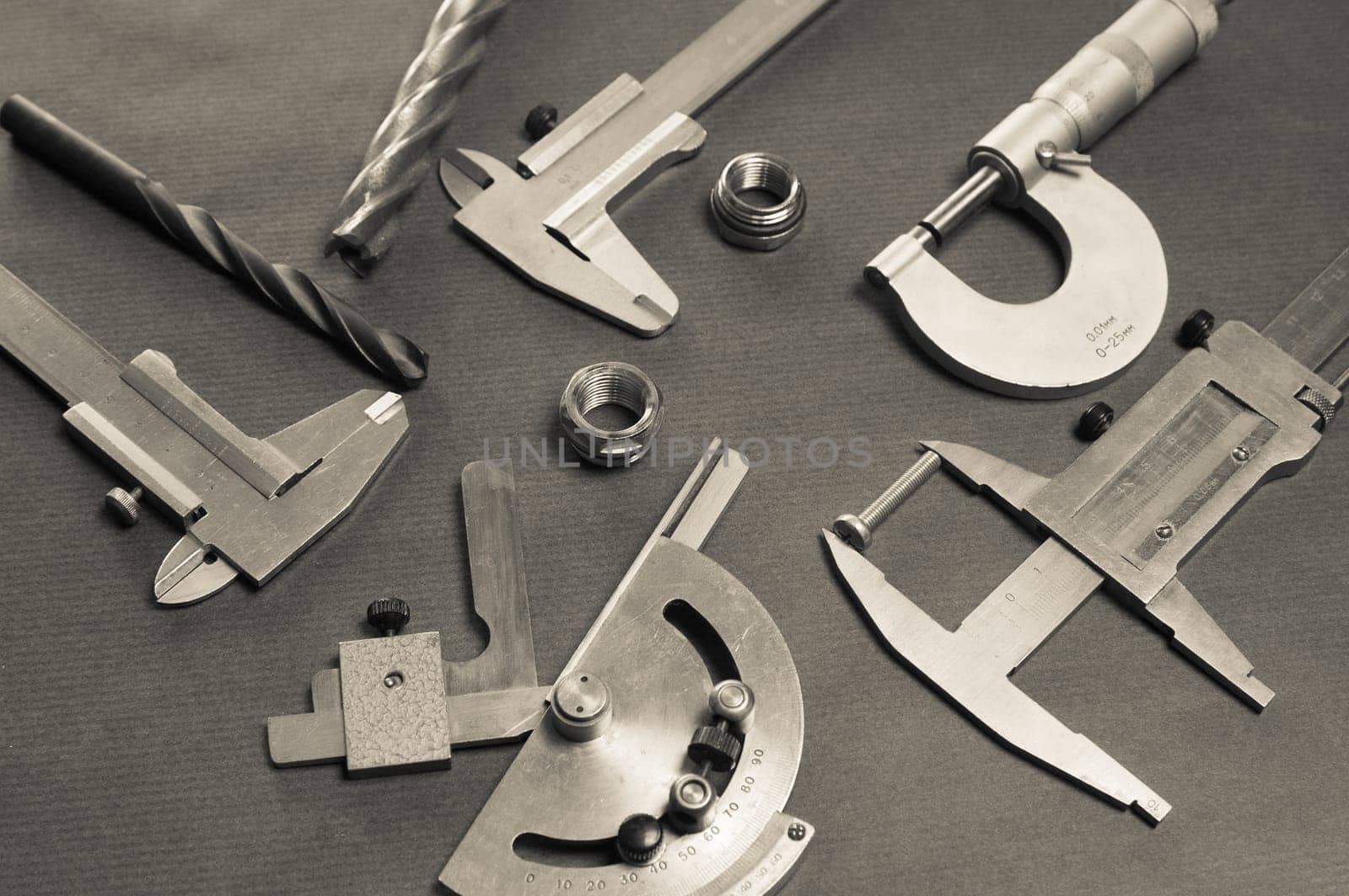Details, drills and measuring tools, a close up