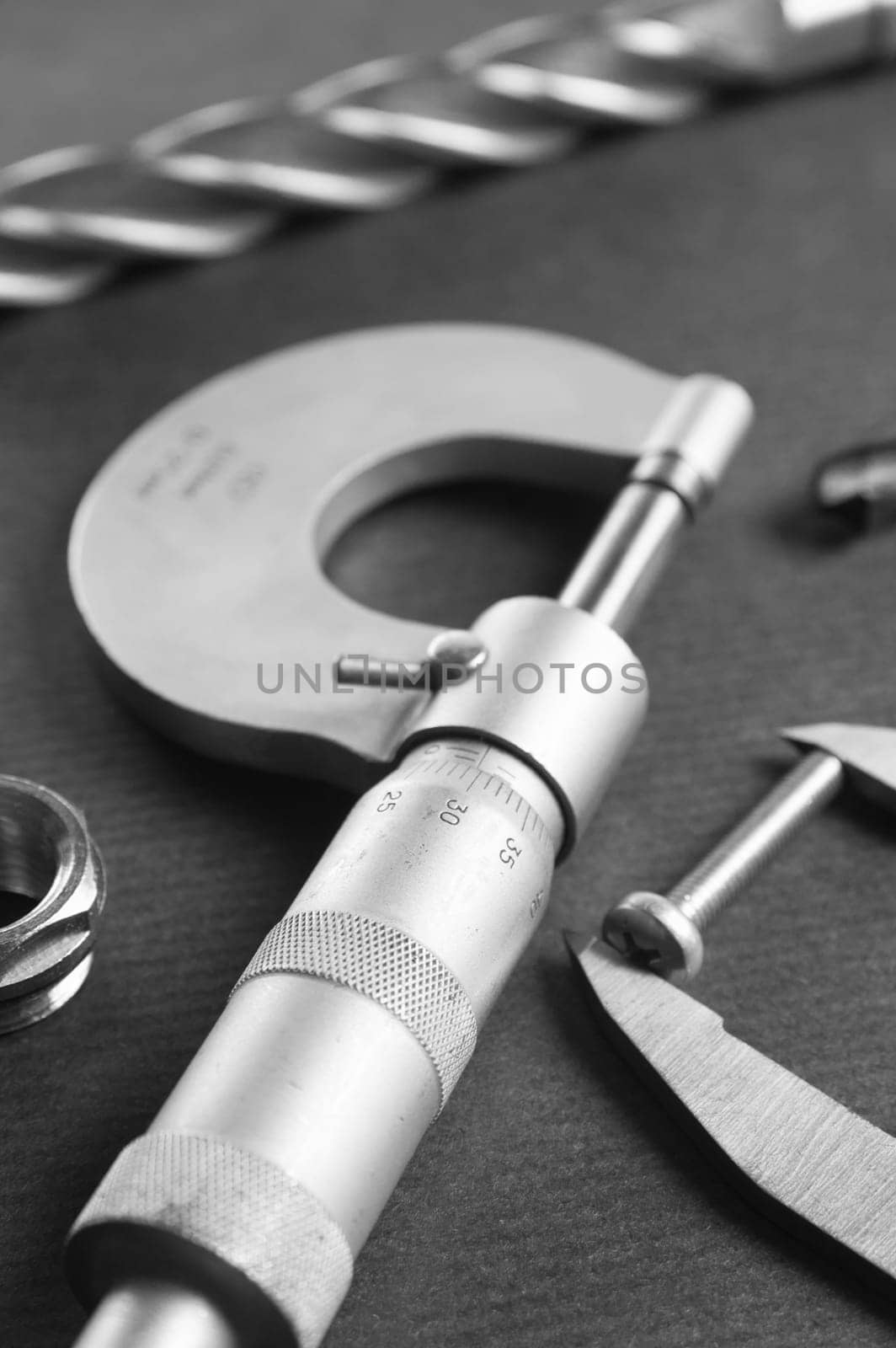 Details, drills and measuring tools, a close up