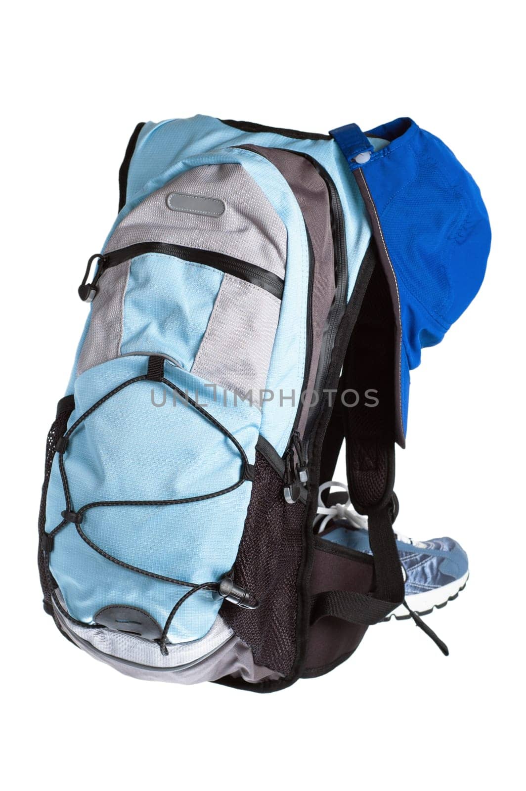 hiking equipment, rucksack ,boots  and Cap isolated on white