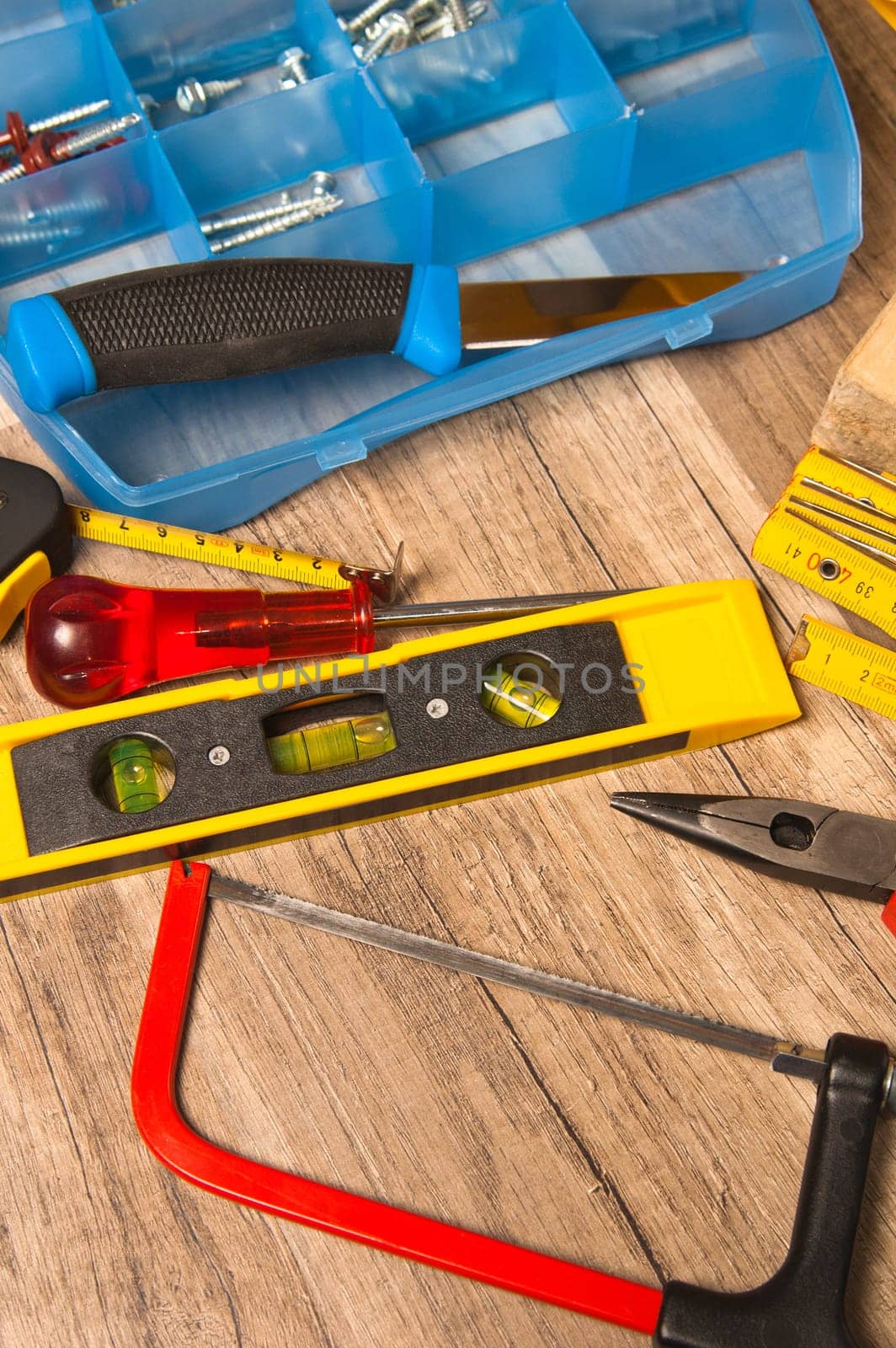 Working tools on a board, a close up