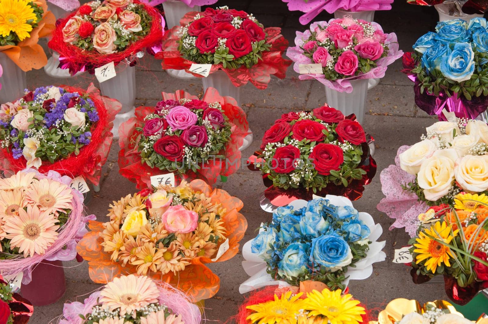variety of bouquets of flowers, close-up