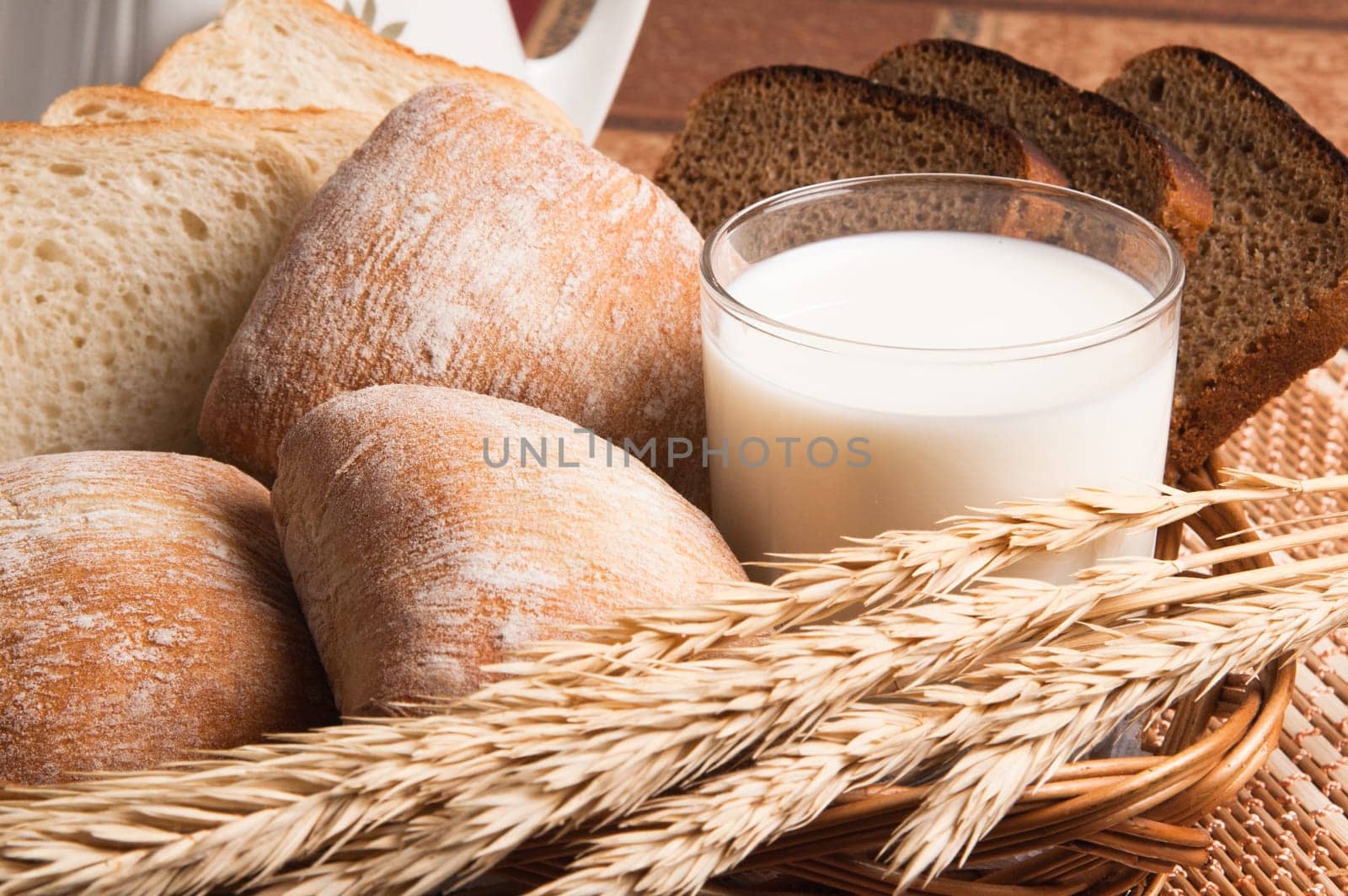 Bread, rolls and a glass of milk
