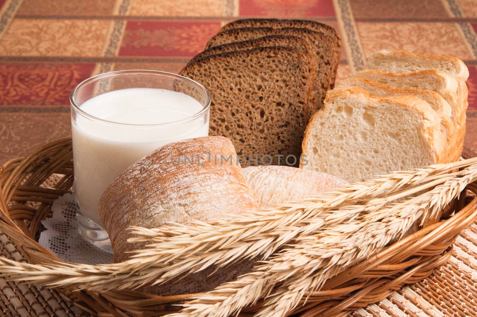 Bread, rolls and a glass of milk