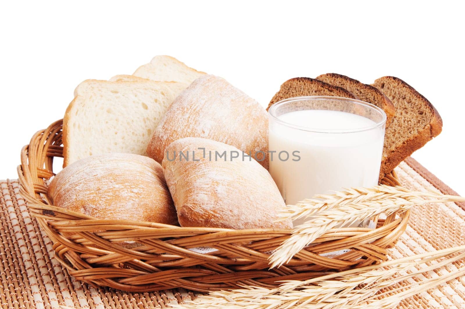 Bread, rolls and a glass of milk