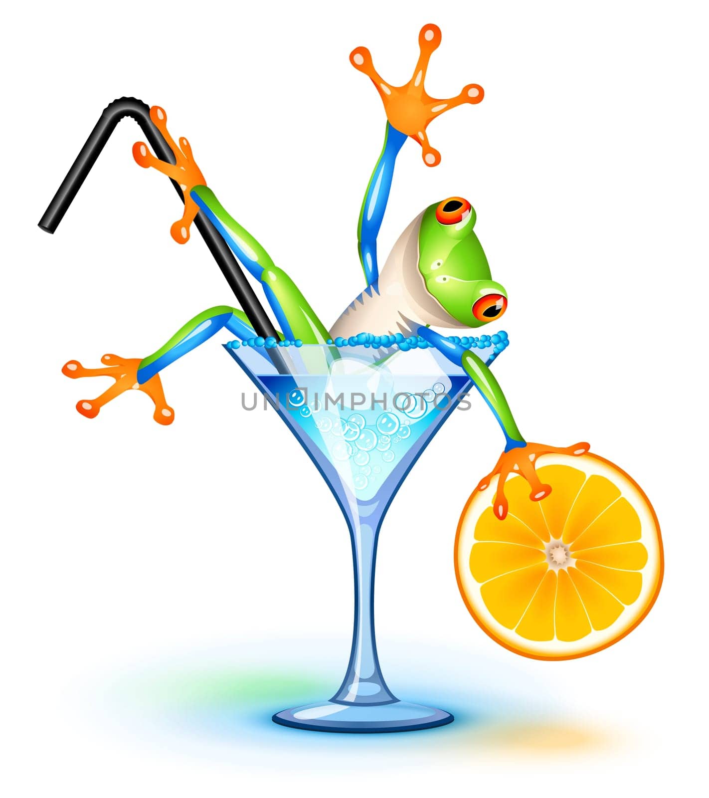 Tree frog in Blue Lagoon cocktail