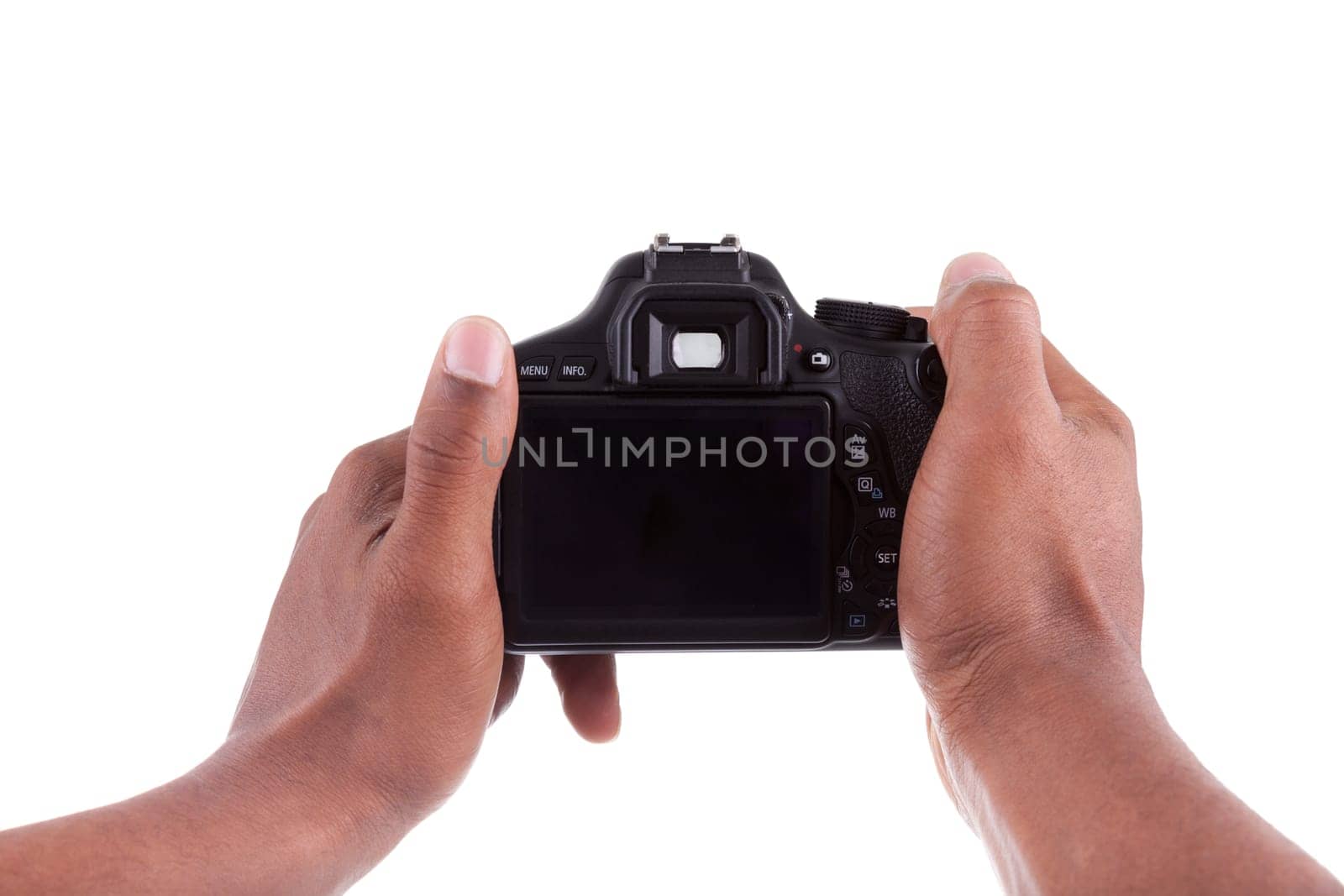 African american photographer holding a digital camera, isolated on white background