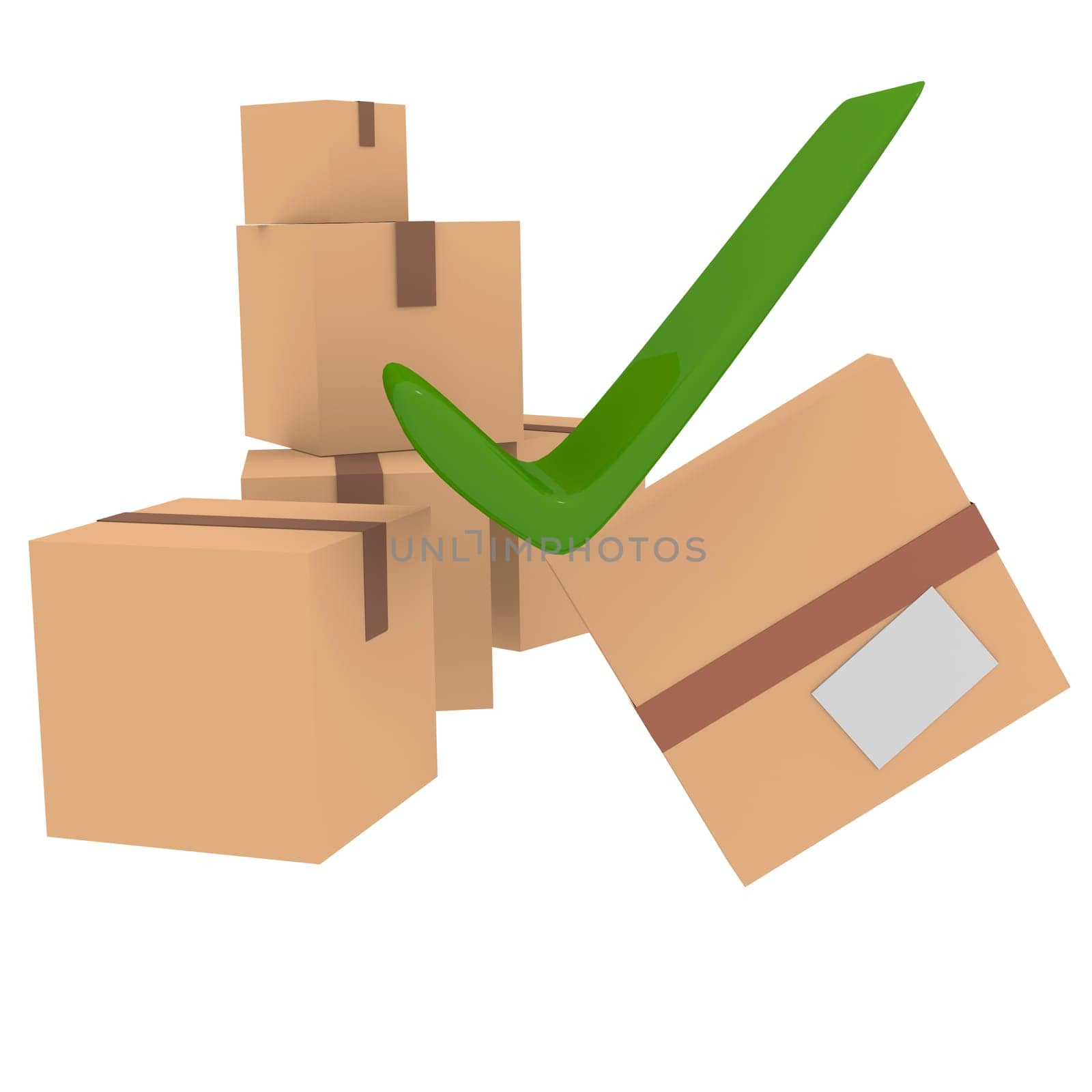 Cardboard boxes with a green check mark