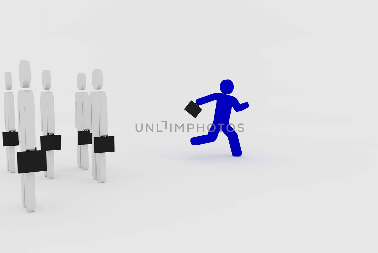 standing business men with briefcases following running business man