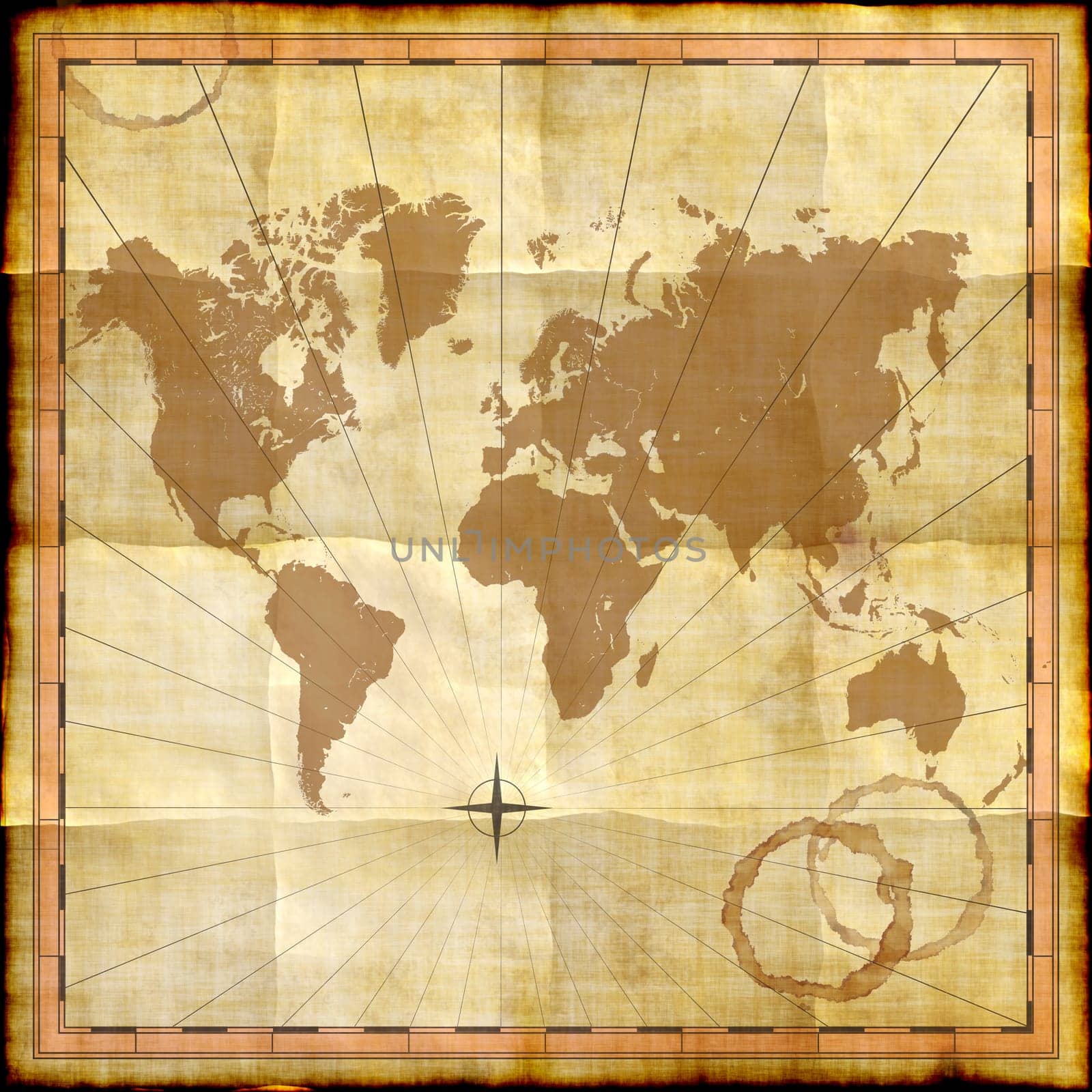 World map on old paper with coffee stains