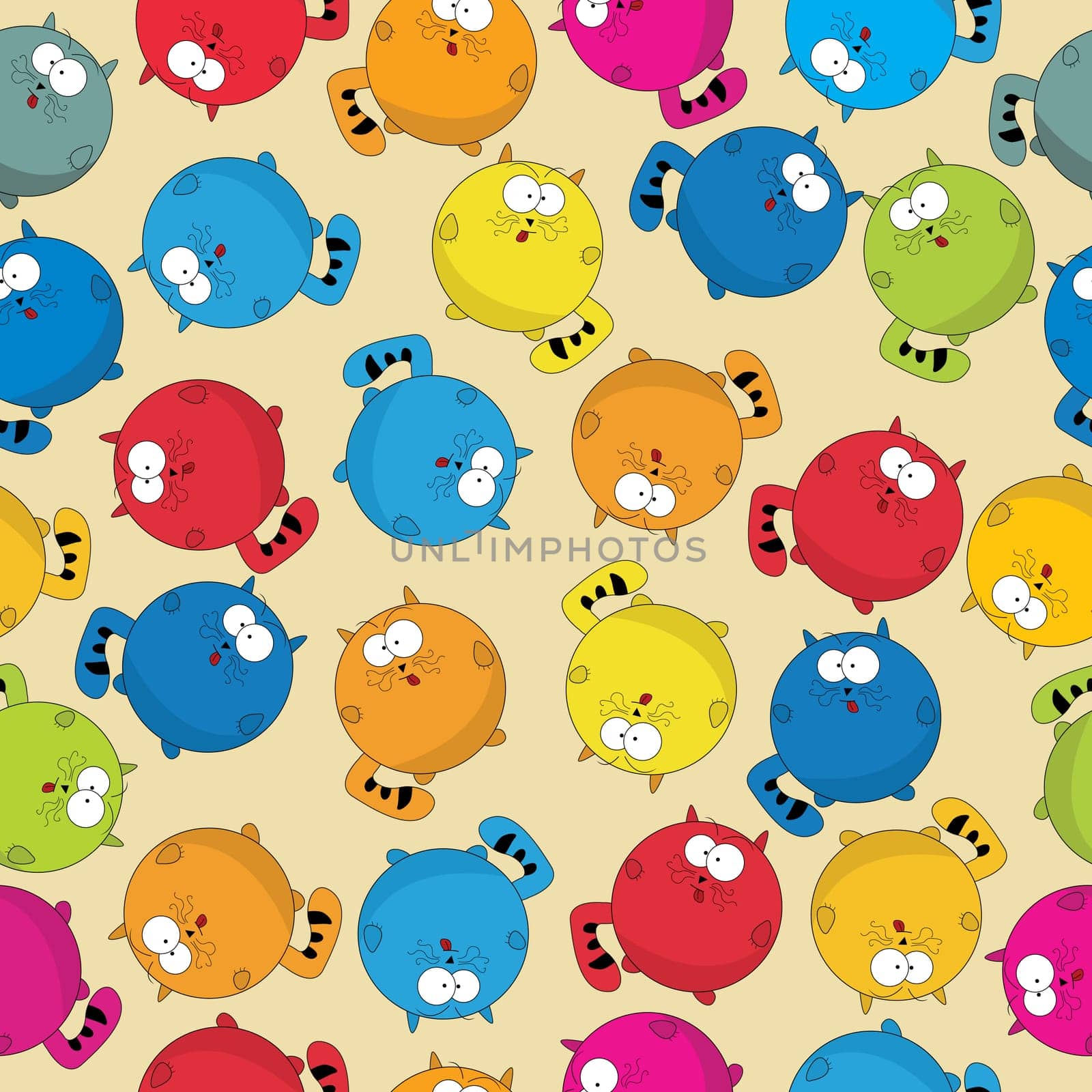 Cartoon style seamless patter with cute fat cats, wrapping paper or background  design