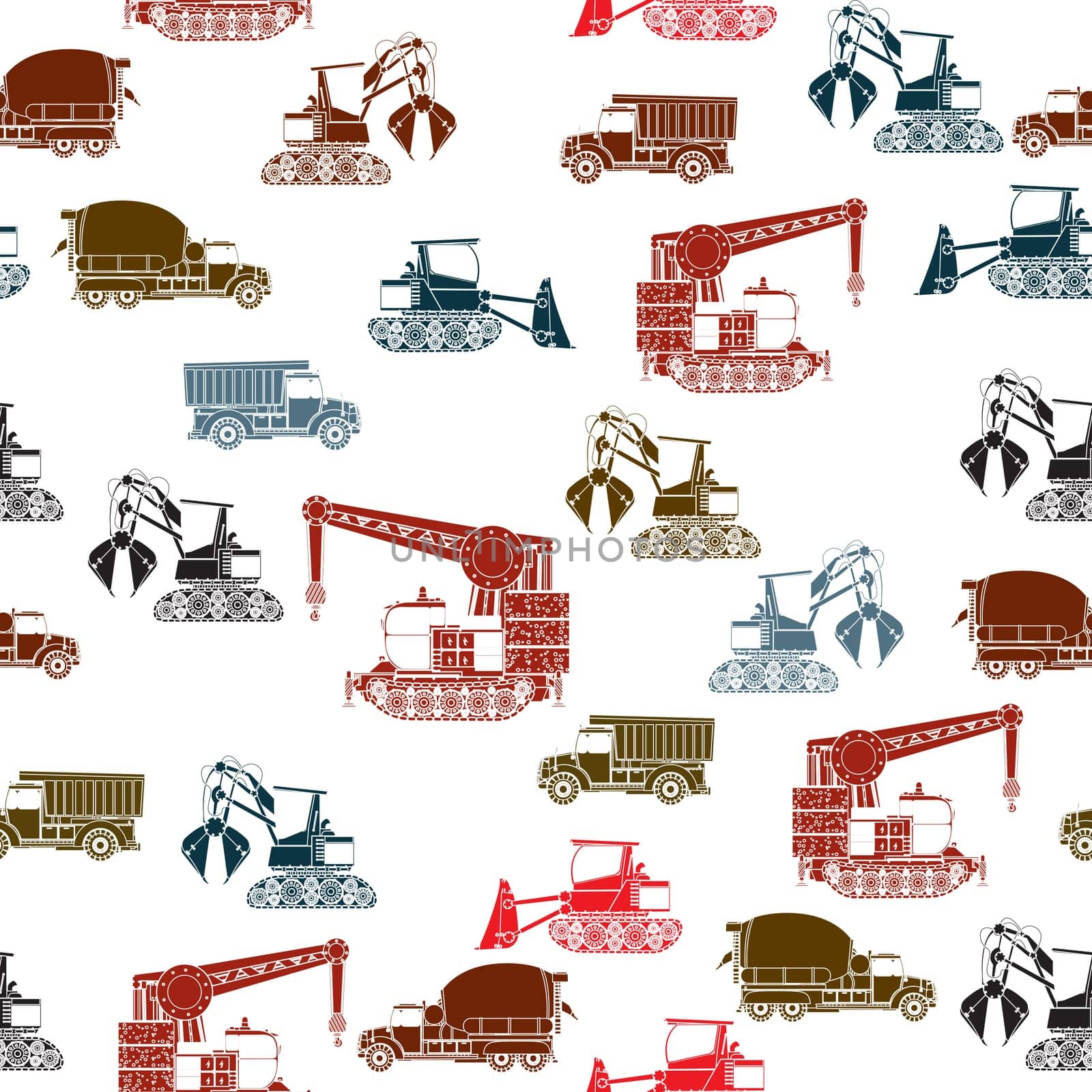 Construction vehicles seamless pattern in color over white background