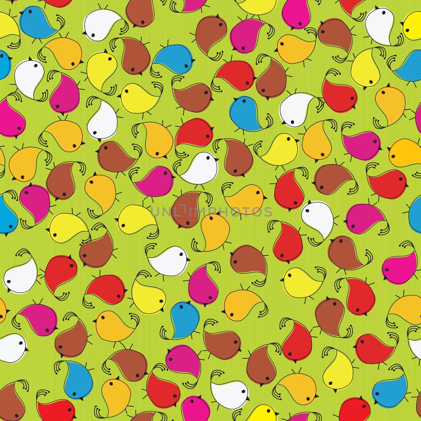 Seamless pattern with multicolored tweet birds and stripes, wrapping paper or background design