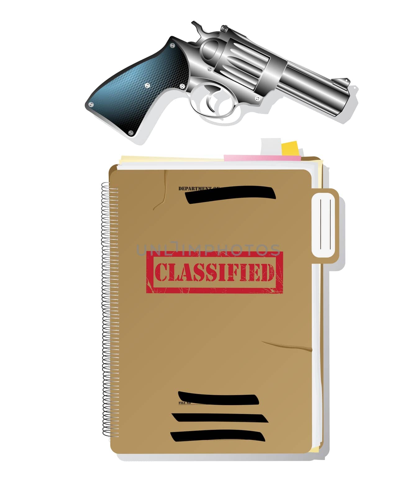 Classified files and revolver, isolated and grouped objects over white background