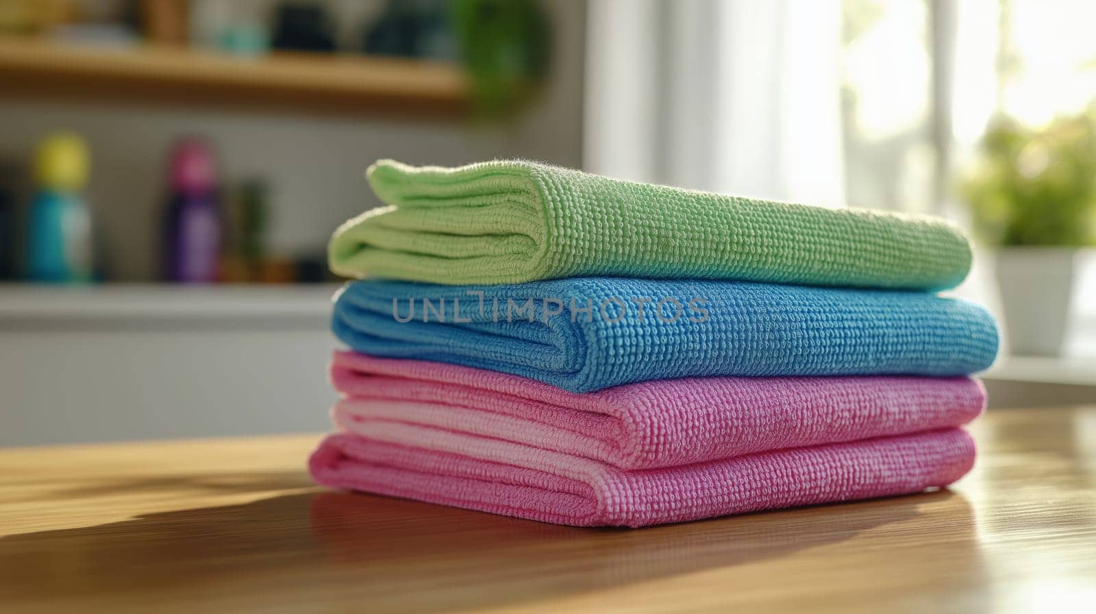 Stack of colorful microfiber cleaning cloths on a wooden table. Symbol of freshness, hygiene, and home care. Ideal for spring cleaning, housekeeping, and eco-friendly living