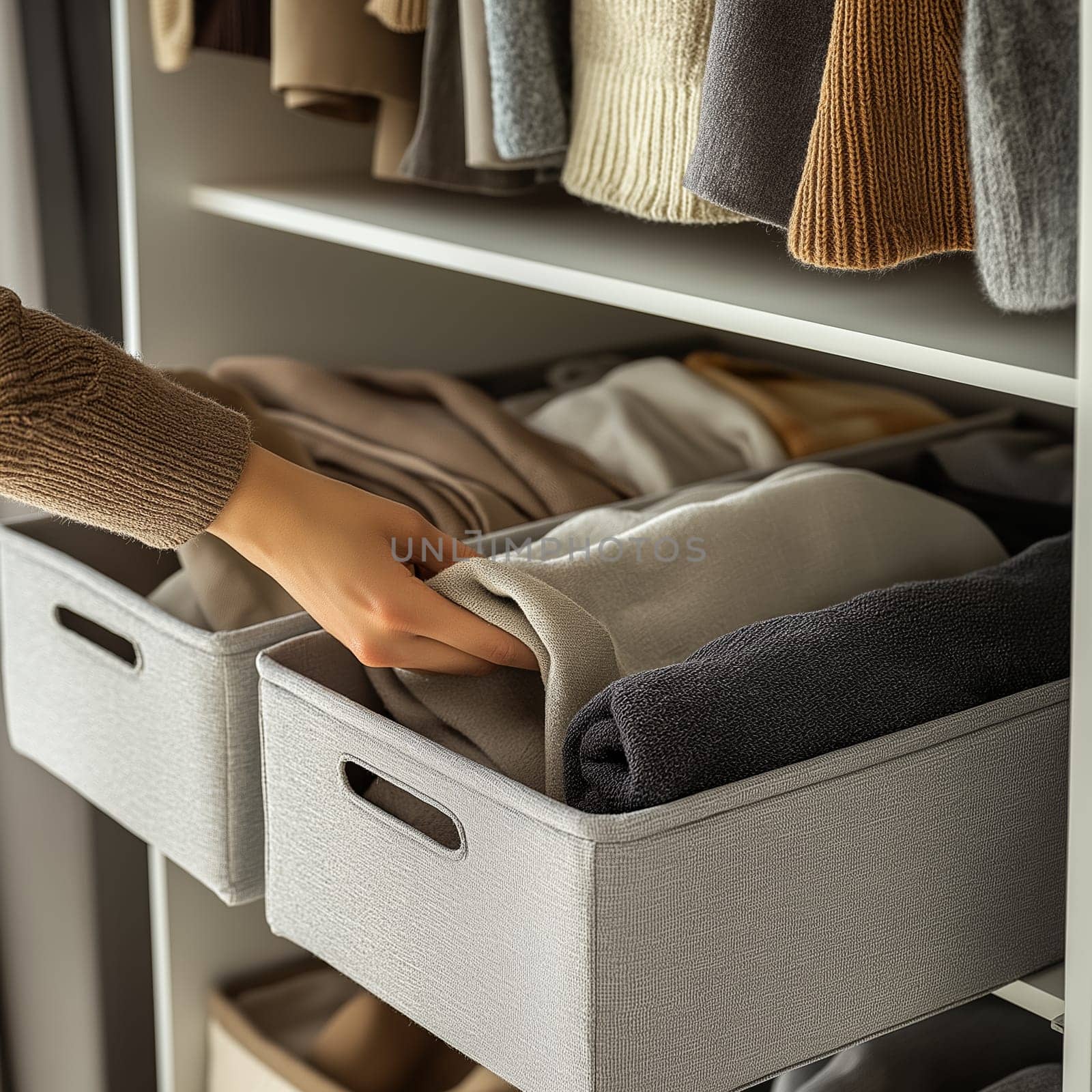 Efficiently arranged fabric storage boxes with neatly folded clothes. Ideal for home organization services, wardrobe decluttering, and minimalist living.