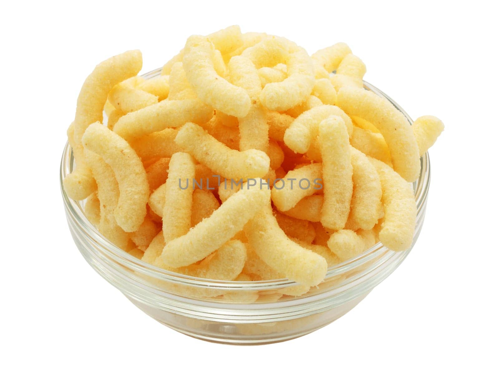 bowl of snack corn gummy worms isolated and with clipping path