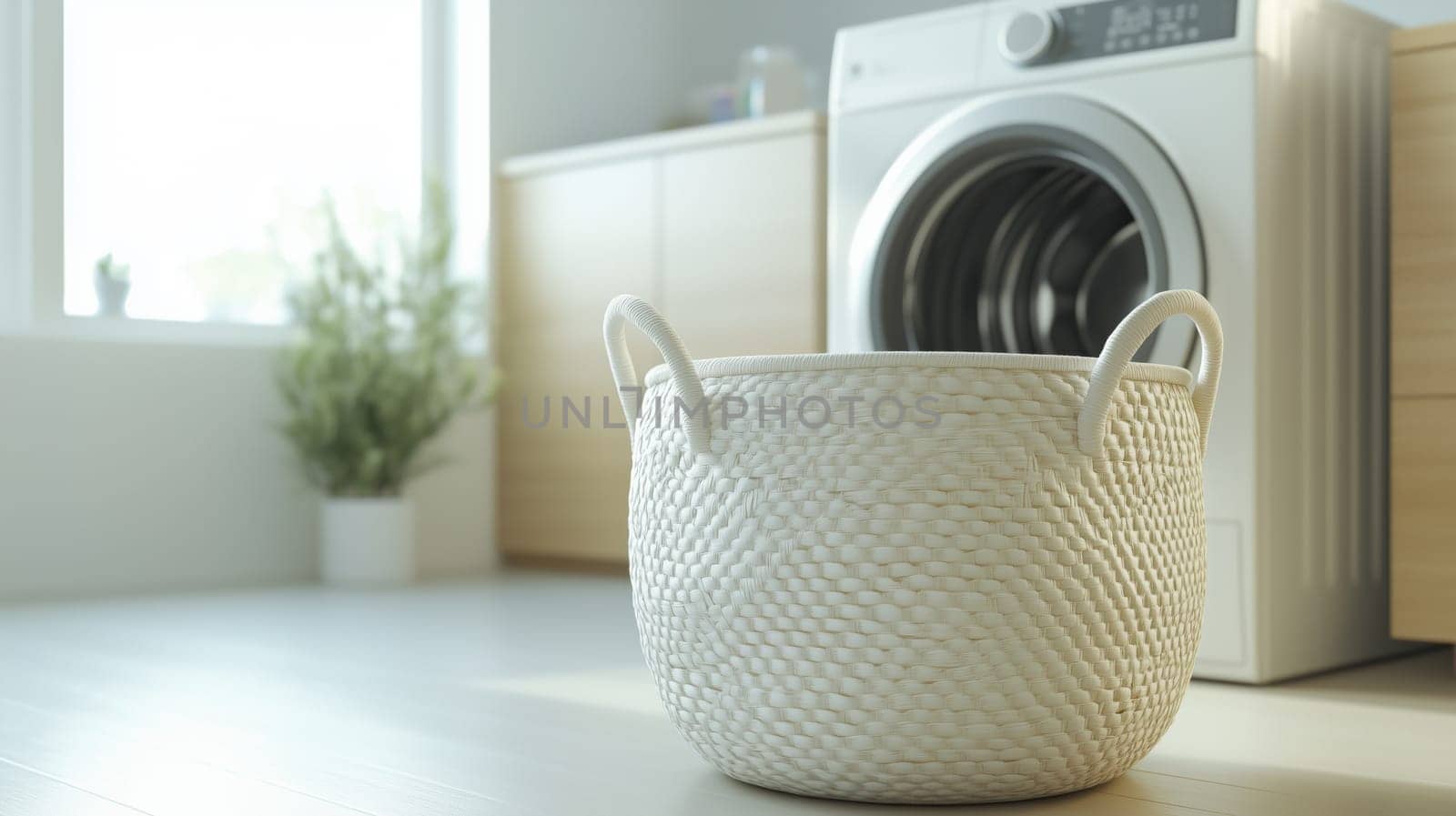 Wicker laundry basket in front of washing machine. Ideal for spring cleaning, home organization, and textile care.