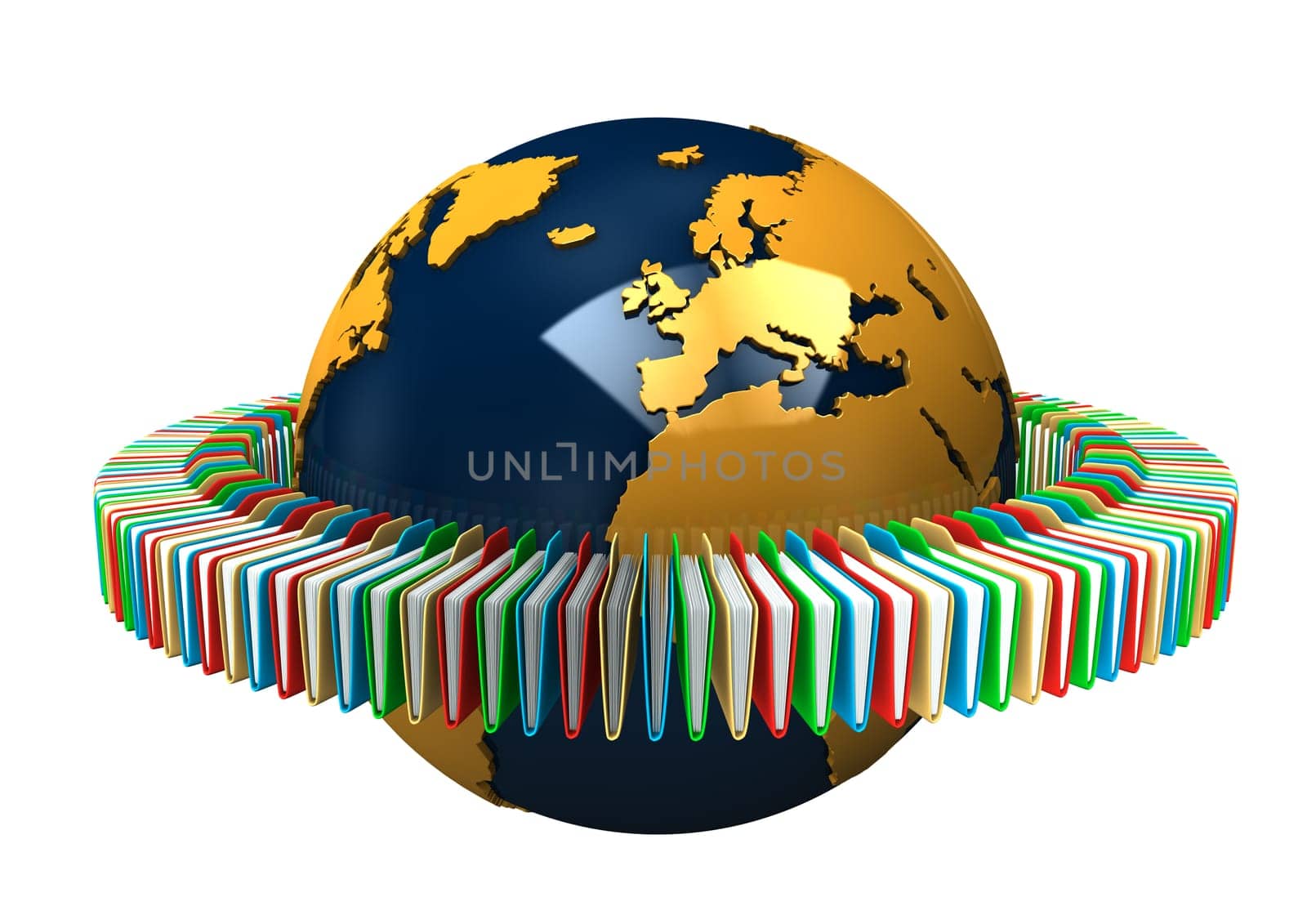 Globe with colored folders on the white background.