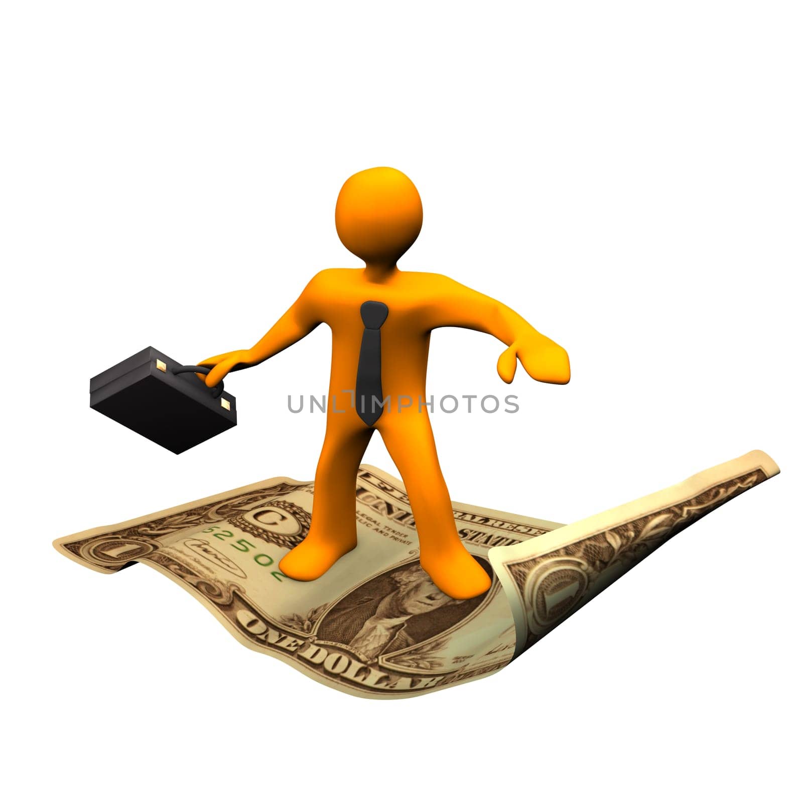 Orange cartoon character with a black briefcase flying on the dollar.