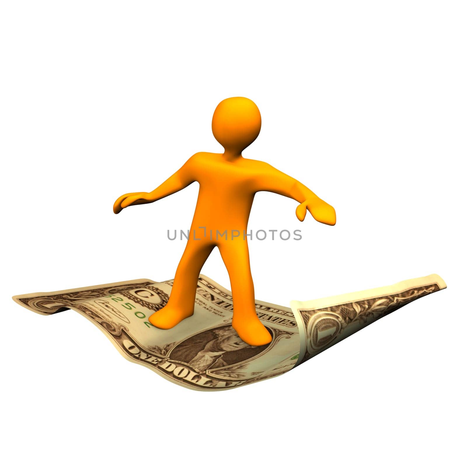 Orange cartoon character flying on the "carpet""- dollar."