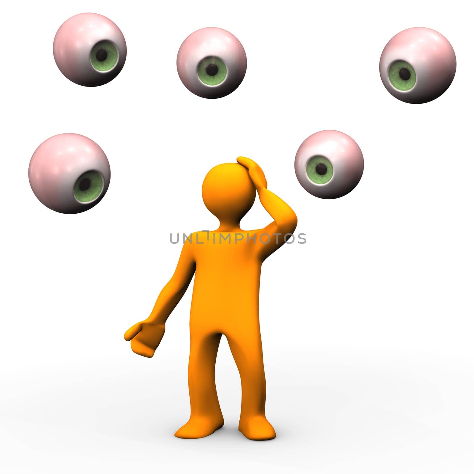 Orange cartoon character with five eyes. White background.