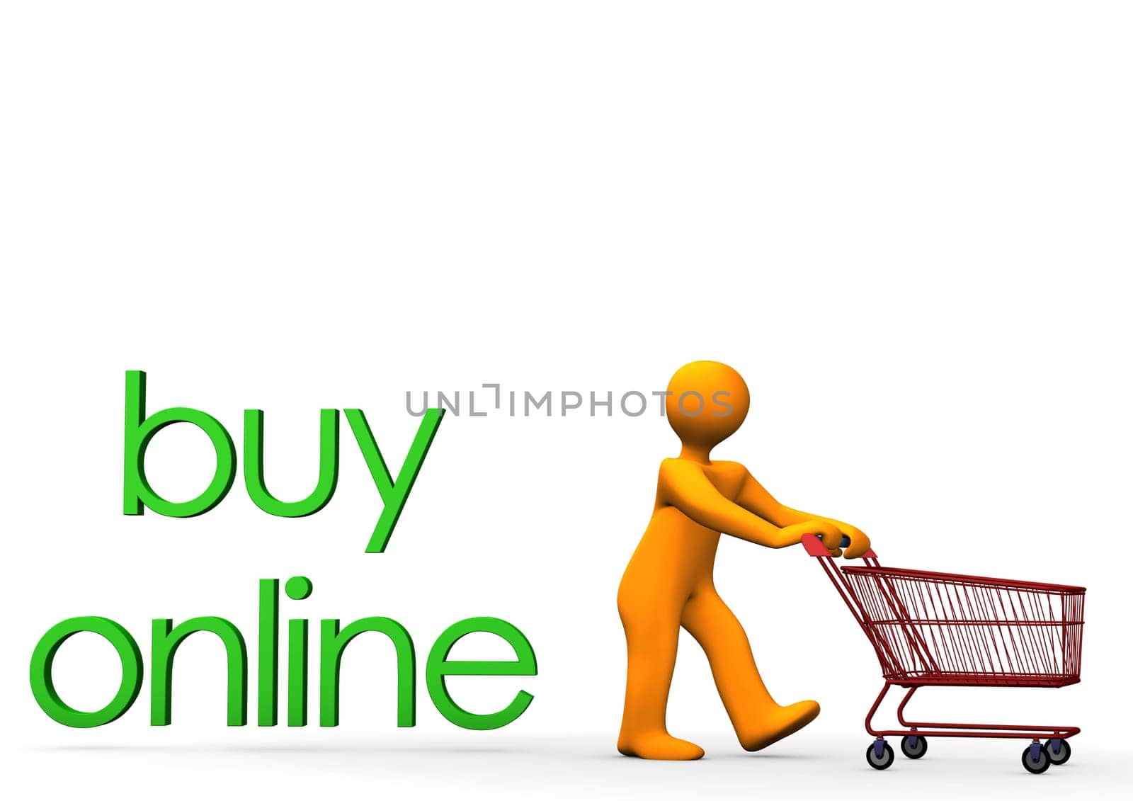 Orange cartoon character with a carry and text "buy online""."