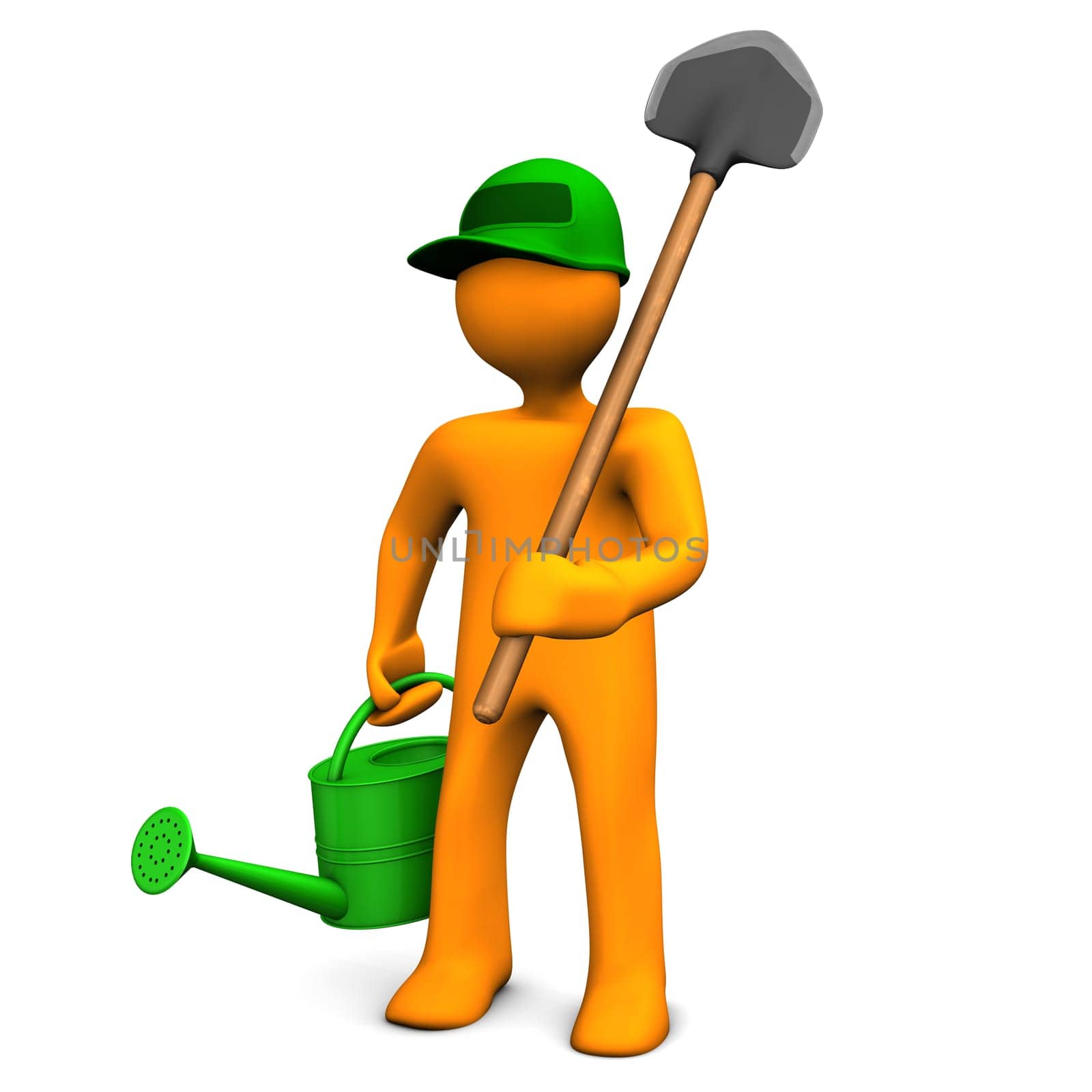 Gardener With Watering Can And Spade on the white background.