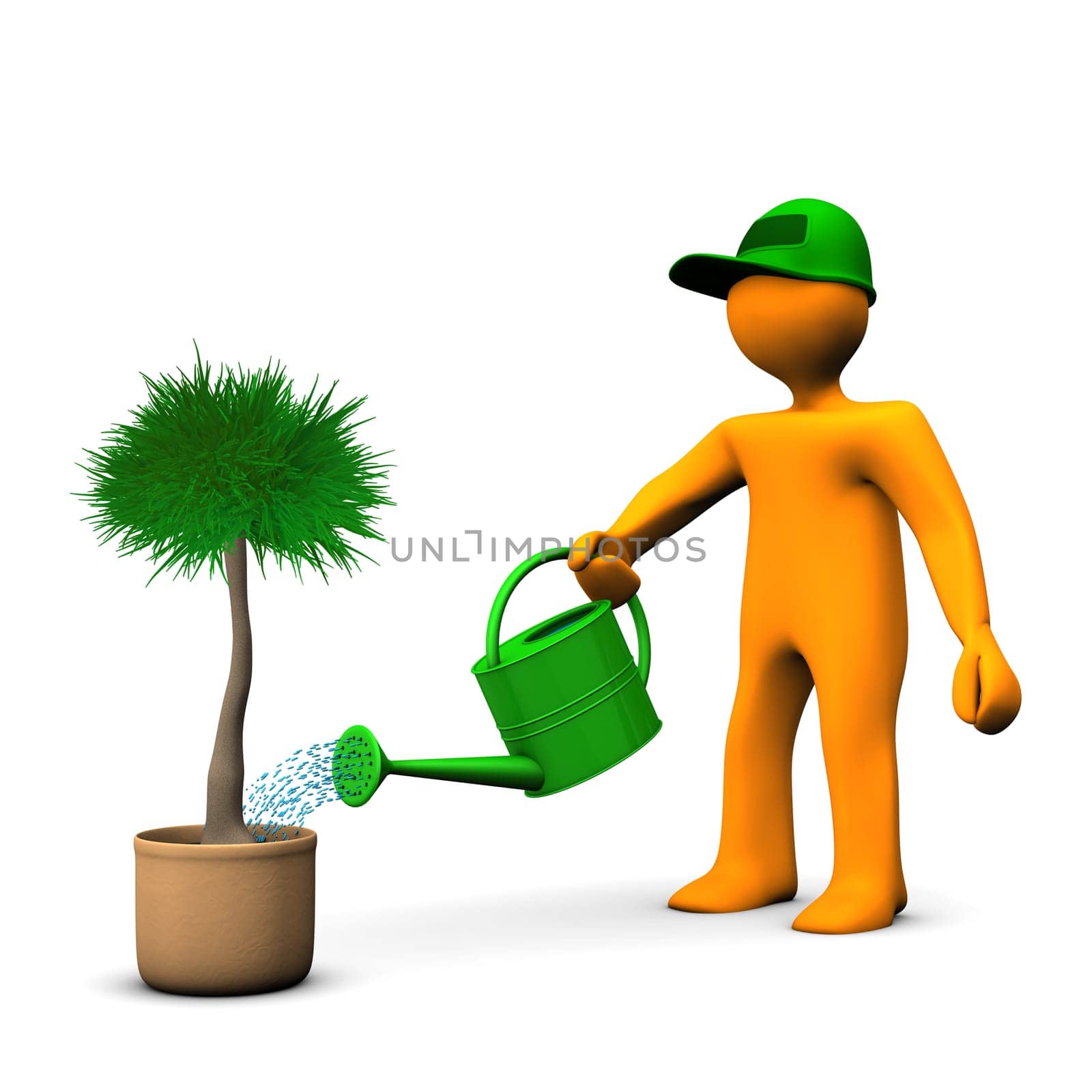 Orange cartoon character watering a plant on the white background.
