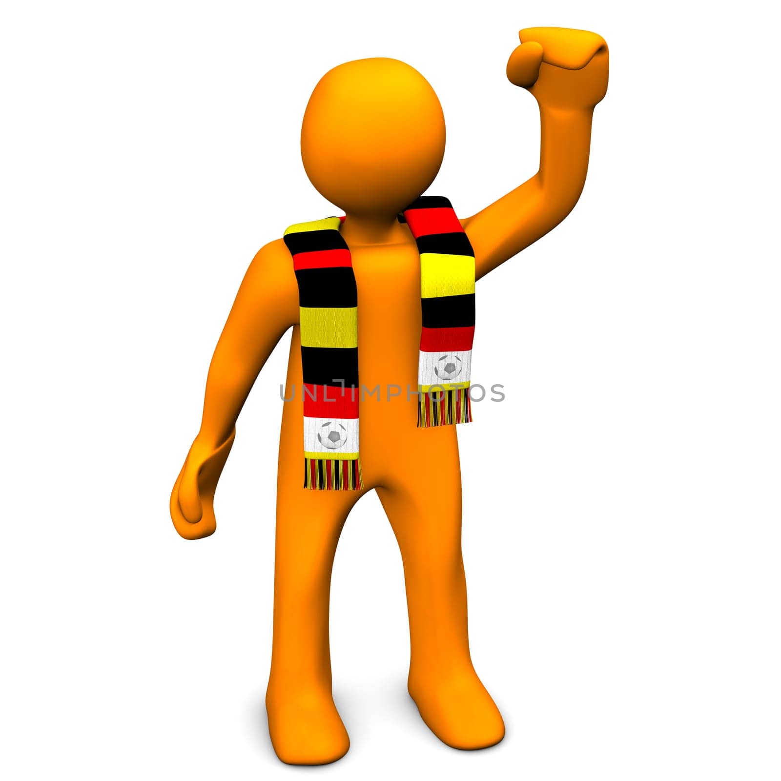 Orange cartoon character with a scarf in red,yellow and black colors.