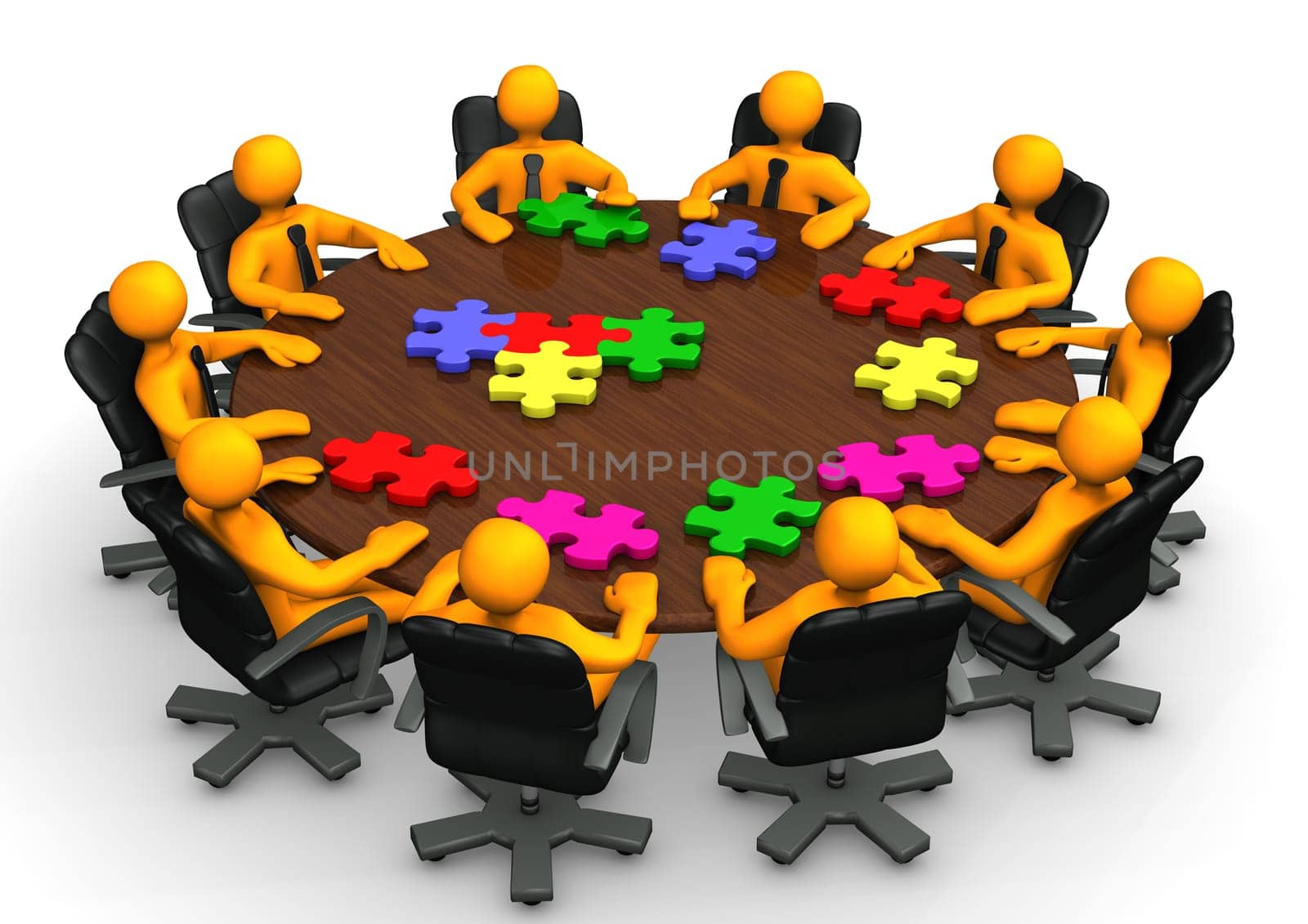 Orange cartoon characters with puzzles on table.