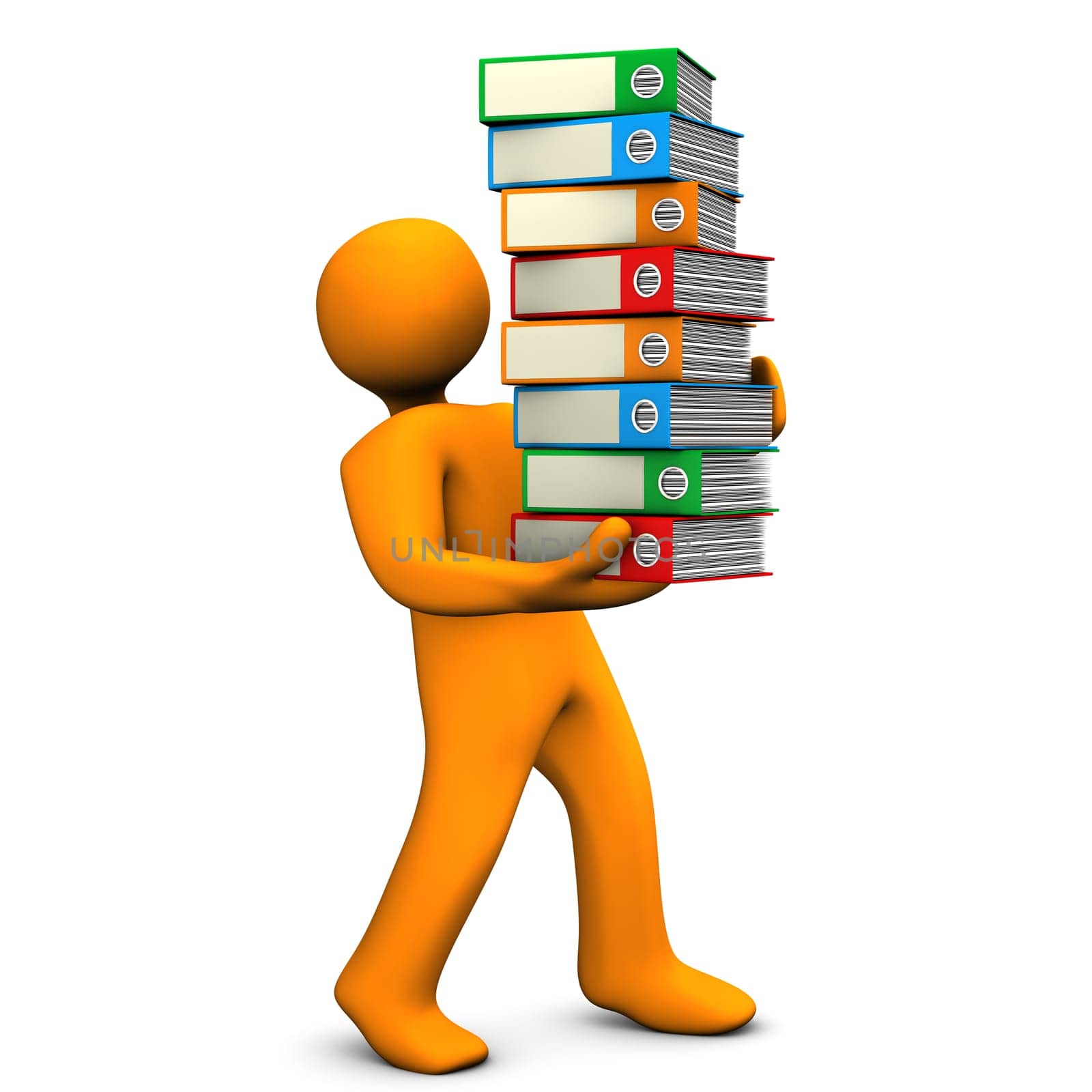Orange cartoon character bears a batch of folders. White background.