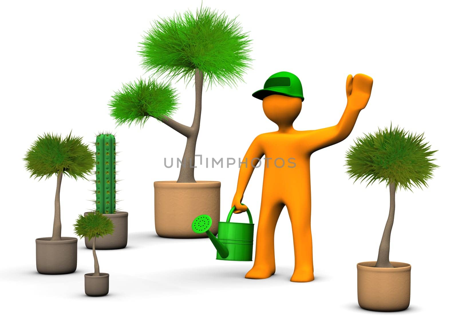 Orange cartoon character gardener with plants on the white background.